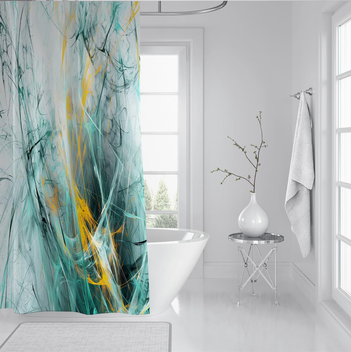 Rideau de Douche Lignes Art Encre Sarcelle Abstrait W150xL200 cm