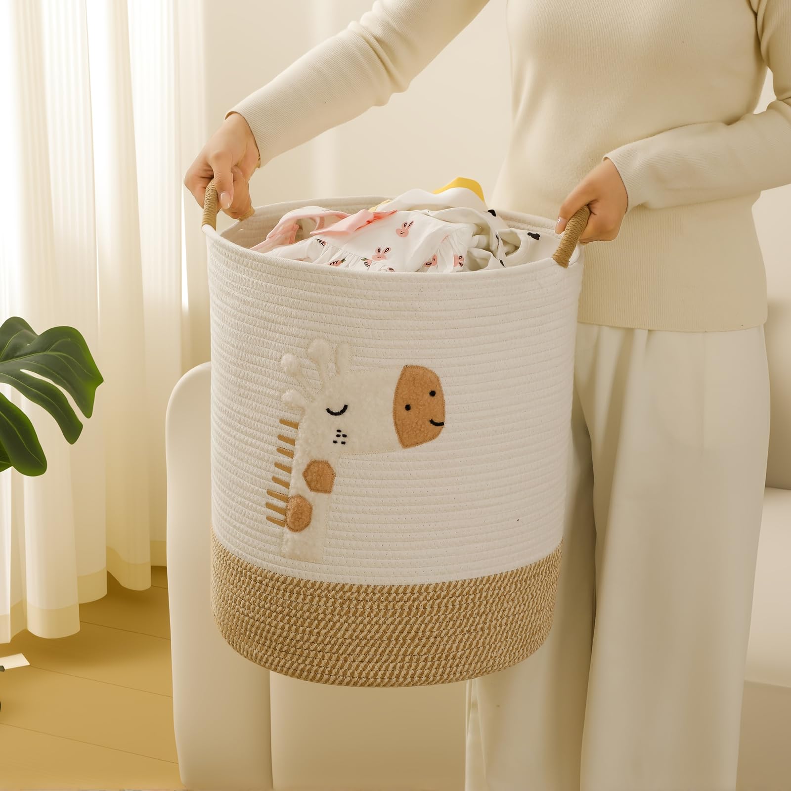 Cesto Portabiancheria 51L Grande Cesta Giochi Bambini Cesto Biancheria Sporca Contenitore Giochi Cestini Portaoggetti, Cesta di Stoccaggio in Corda di Cotone per Bambini con Maniglie, Giraffa