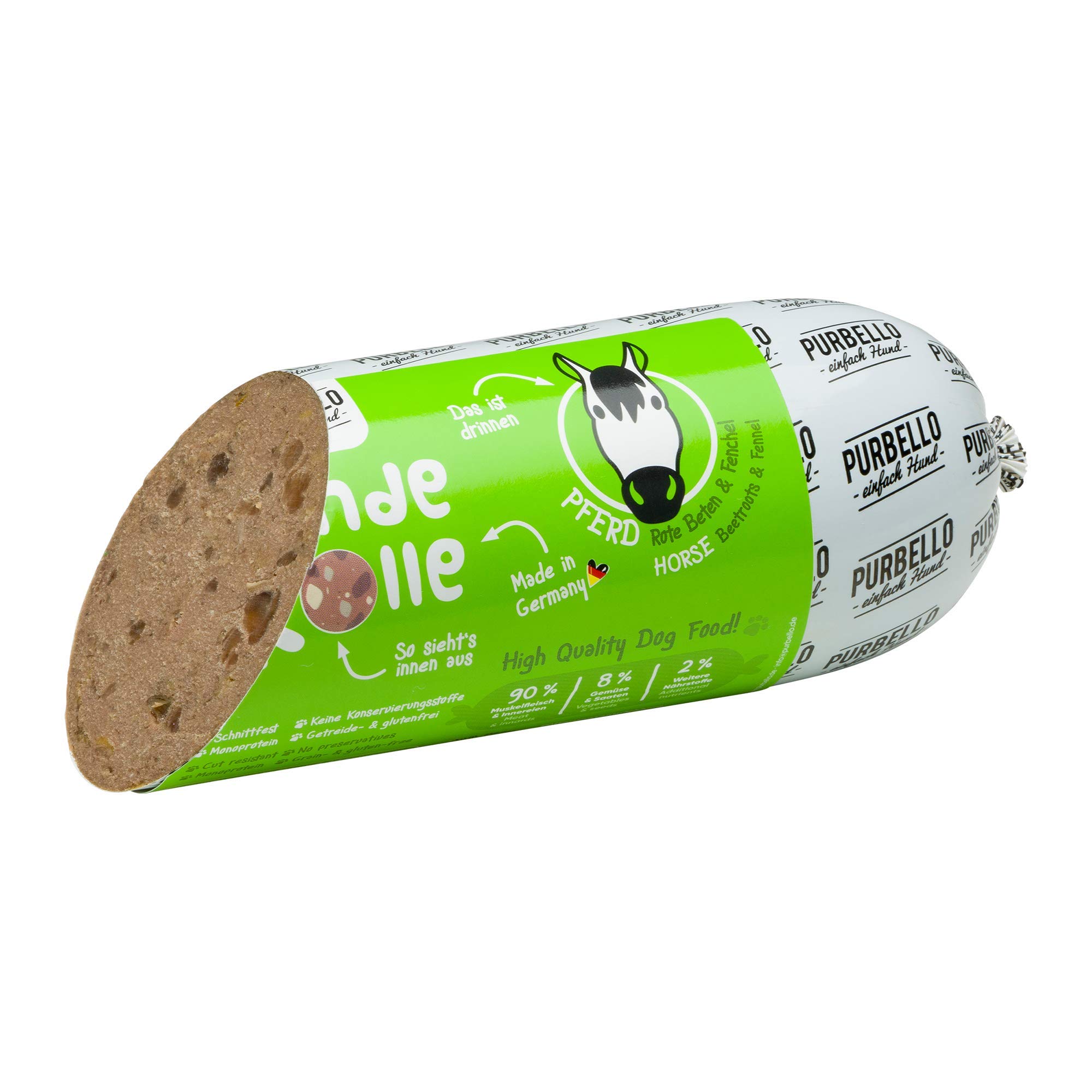 PURBELLO - Caballo enrollado para perros con remolacha e hinojo - Alimento monoproteico para perros con alto contenido en carne - Salchicha para perros resistente a cortes y sin cereales - 8 x 800 g