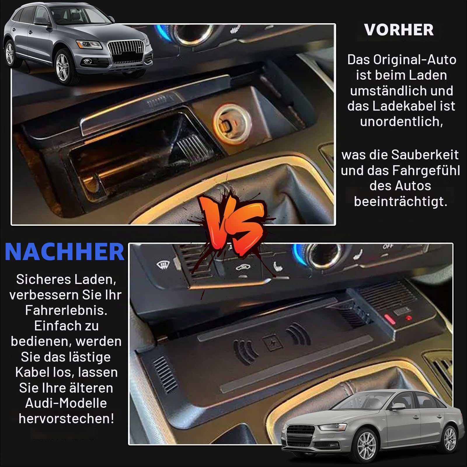 Kabelloses Auto Ladegerät für Audi A4 B8 Allroad Q5 SQ5 A5 S5 RS5 Zubehör | 15W Schnellladendes Handy-Ladegerät für Audi A4 2008-2016 Audi A5/S5 2008-2016 RS5 2012-2014 Audi Q5 2010-2018 SQ5 2014-201