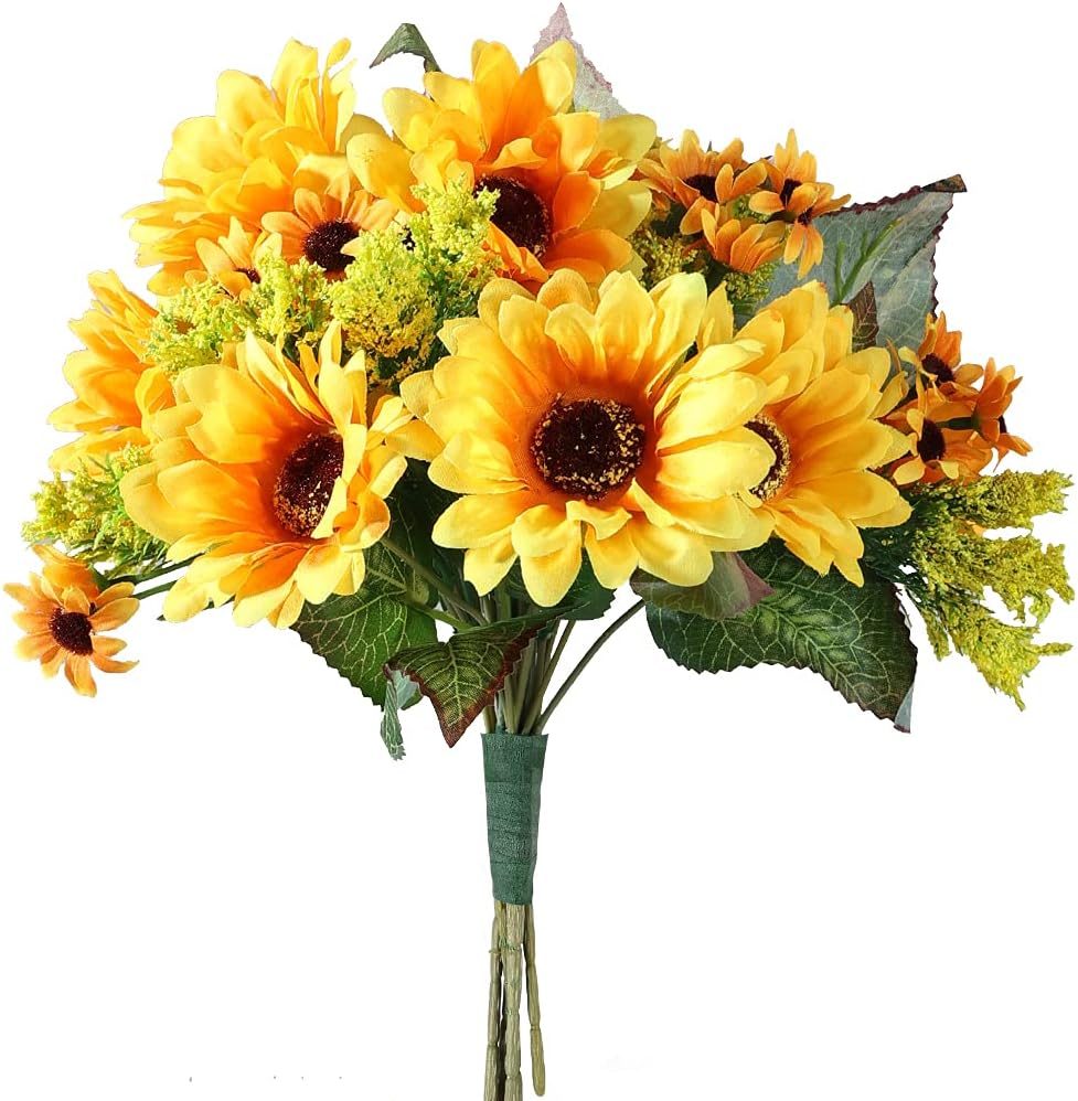 JOHOUSE 5PCS Artificial Sunflower Bouquet, 9.8inch Silk Sunflower Wedding Flower, Home Decoration Wedding Decor