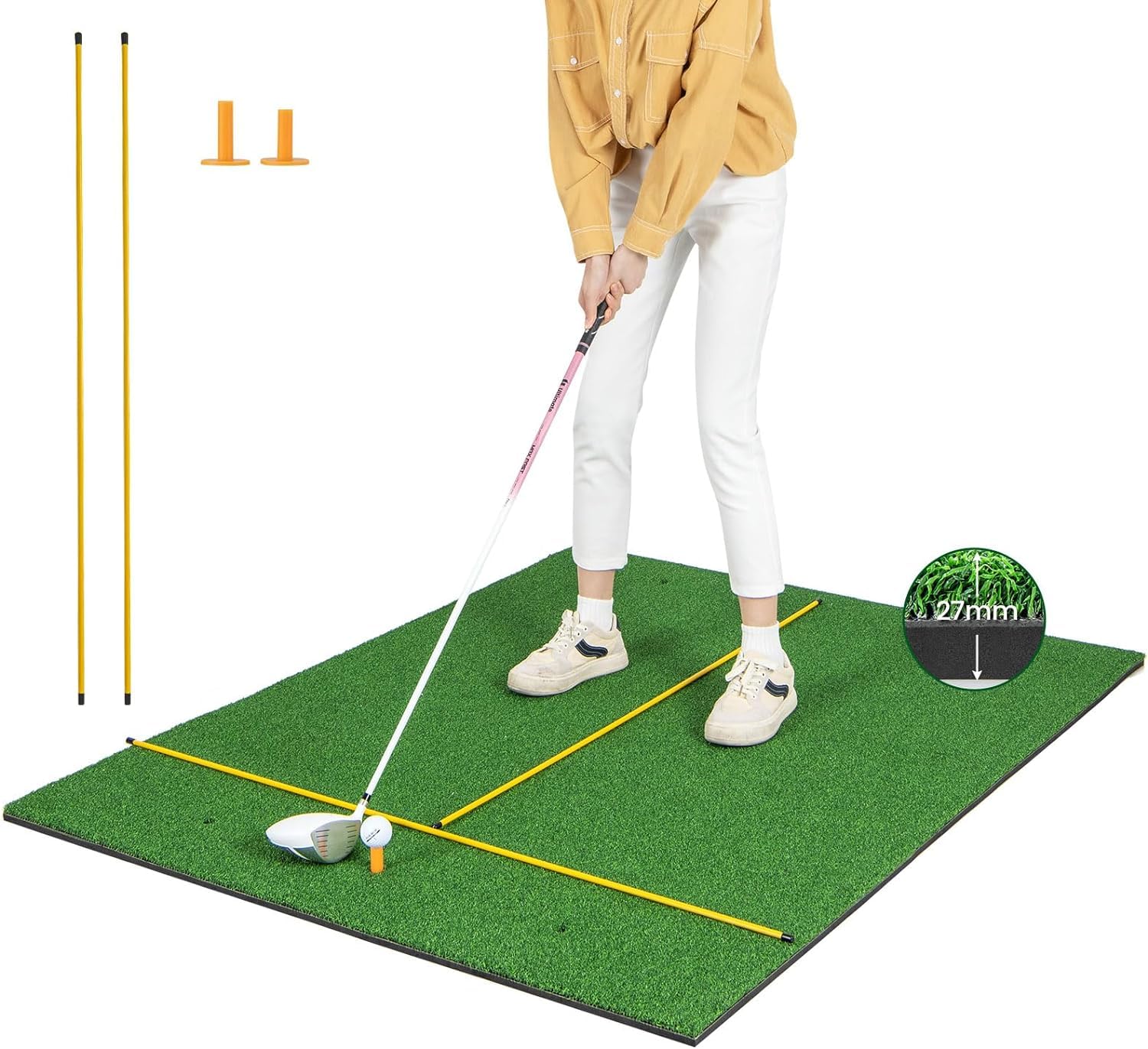 GYMAX Alfombrilla de Golf para Golpear Pelotas, Tapete de Césped Artificial para Práctica de Golf Interior y Exterior con 2 Tees de Goma y 2 Palos de Alineación