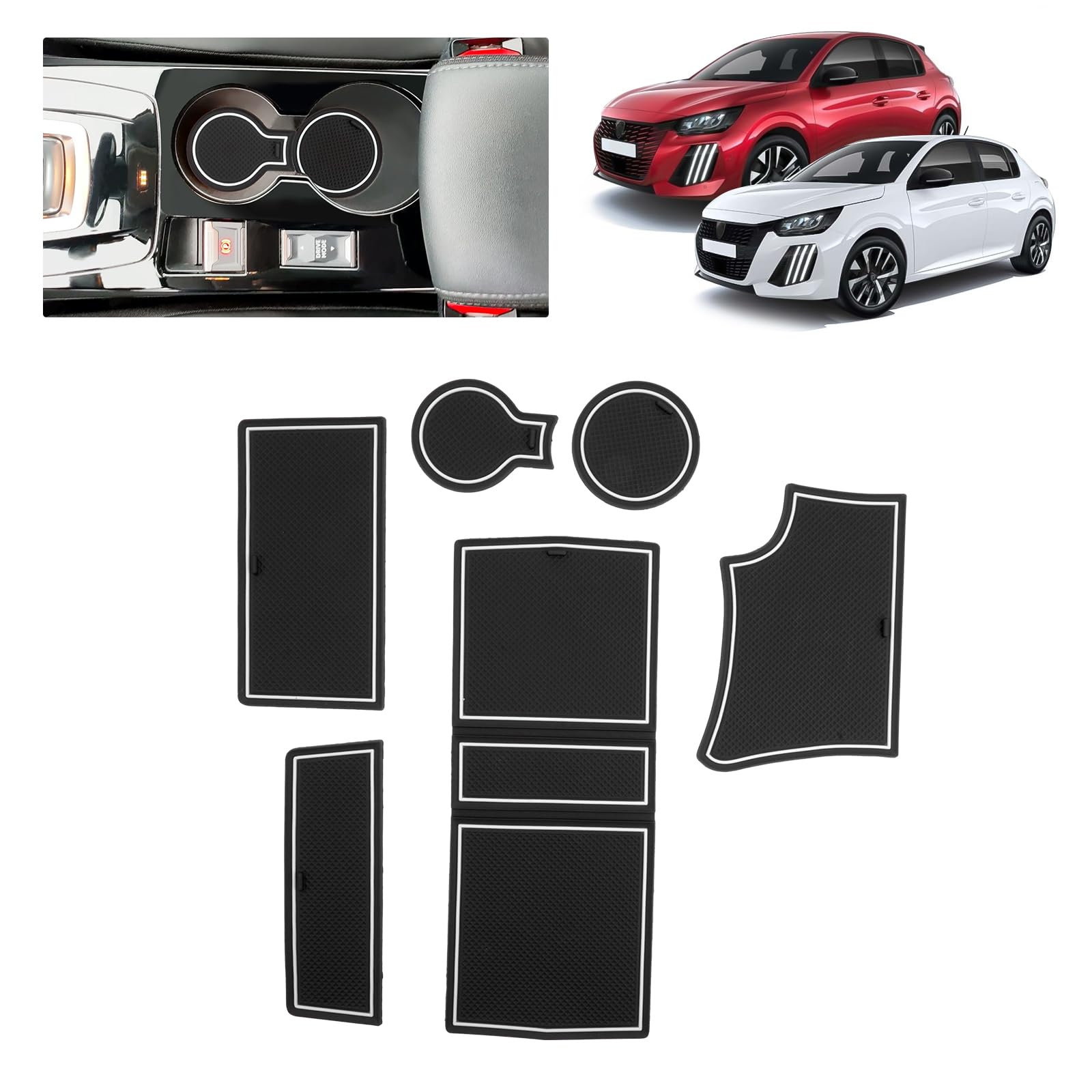 Compatibile con Peugeot 208 E-208 2020-2024 2025 (Automatico) Tappetini Antiscivolo per Peugeot 208 Tappetini in Gomma per Console Centrale, Porta Bicchieri, Scanalatura Porta (Bianco)
