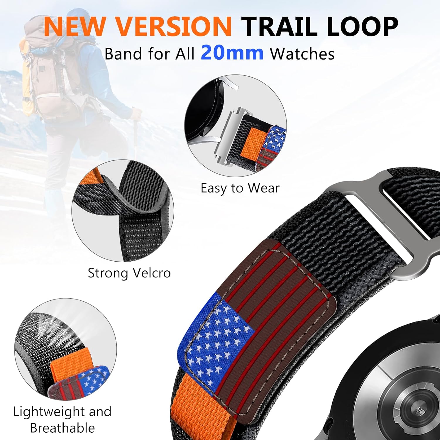 Trail Loop Nylon Band Compatible with Samsung Galaxy Watch 7/6/5/4/Active 2 40mm 44mm/Watch 6 Classic 43mm 47mm/Series 5 Pro 45mm/Series 4 Classic 42mm 46mm Band, 20mm Strap for Men image 2