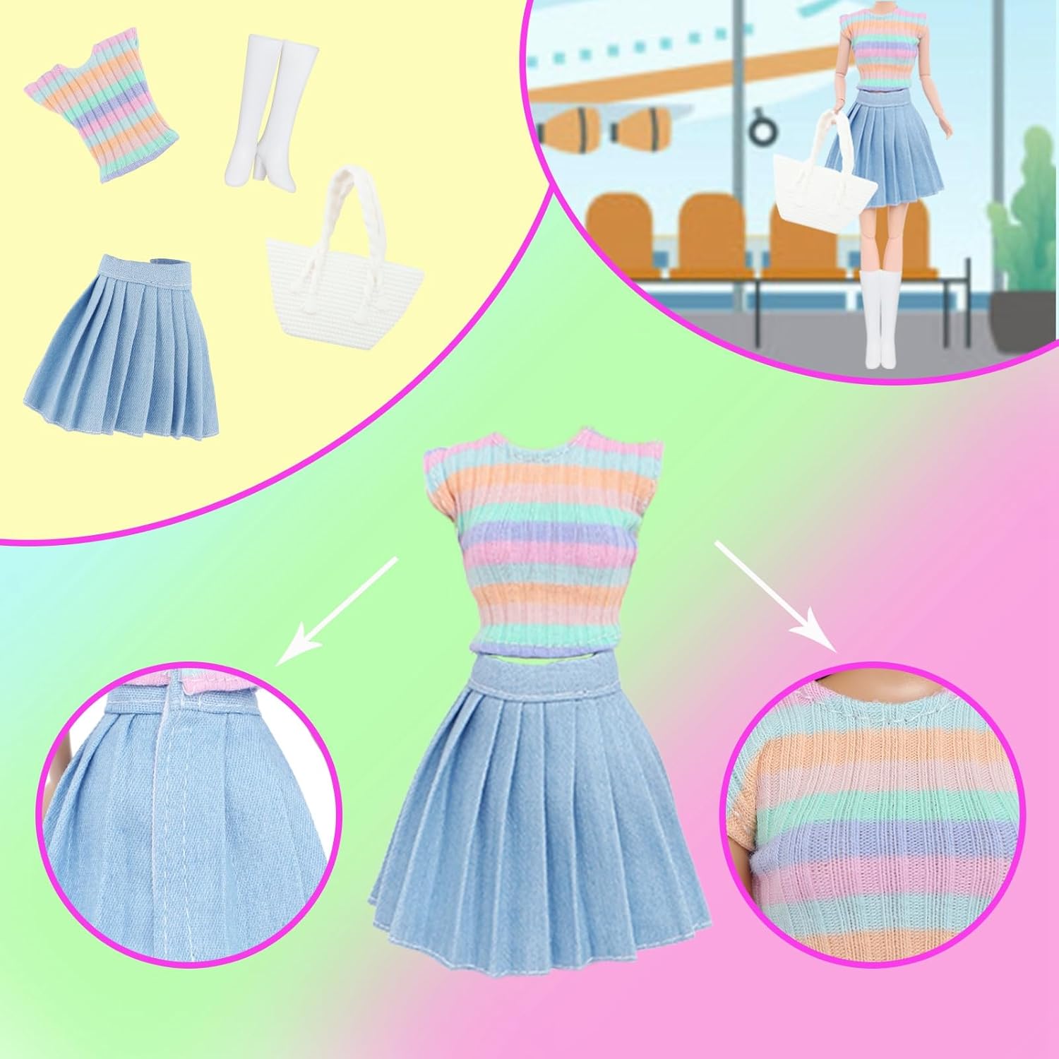 10Pcs Doll Clothes & Accessories Including 4 Sets Casual Doll Clothing, Skirt, Long Dress, Top and Pant Outfits with 4 Pair of Shoes 2 Handbags for 11.5 inch Girl Doll Theme Set
