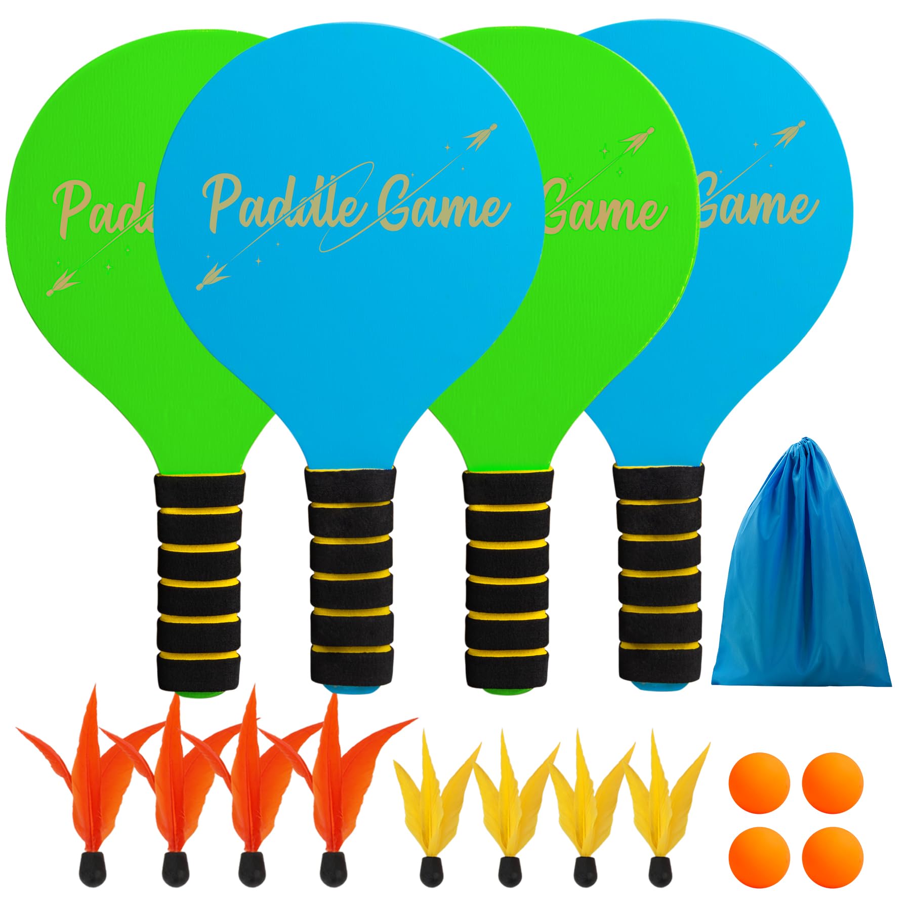 U&C Planet Beach Bat and Ball Set Paddle Ball Game Wooden Beach Bat Set Racket Game for Children&Family 4 Paddles 4 Balls, and 8 Birdies Toys for Garden Beach Party