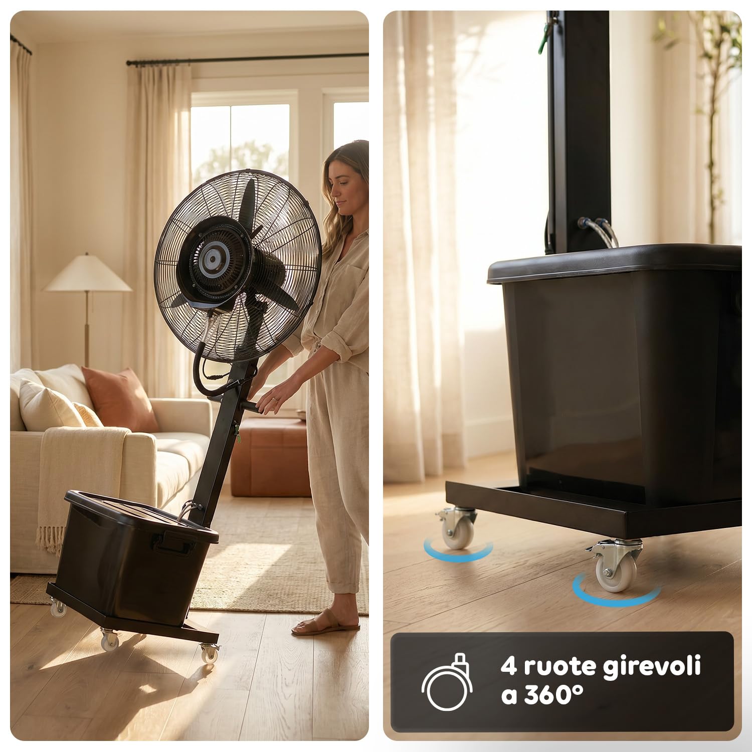 Wintem - BERGEN Ventilatore Nebulizzatore Industriale 230W – Raffrescatore ad Acqua con Serbatoio 45L – Diametro 65cm e Altezza 175cm – Getto 8mt – 3 Velocità, Oscillante e Portatile con Ruote 360°