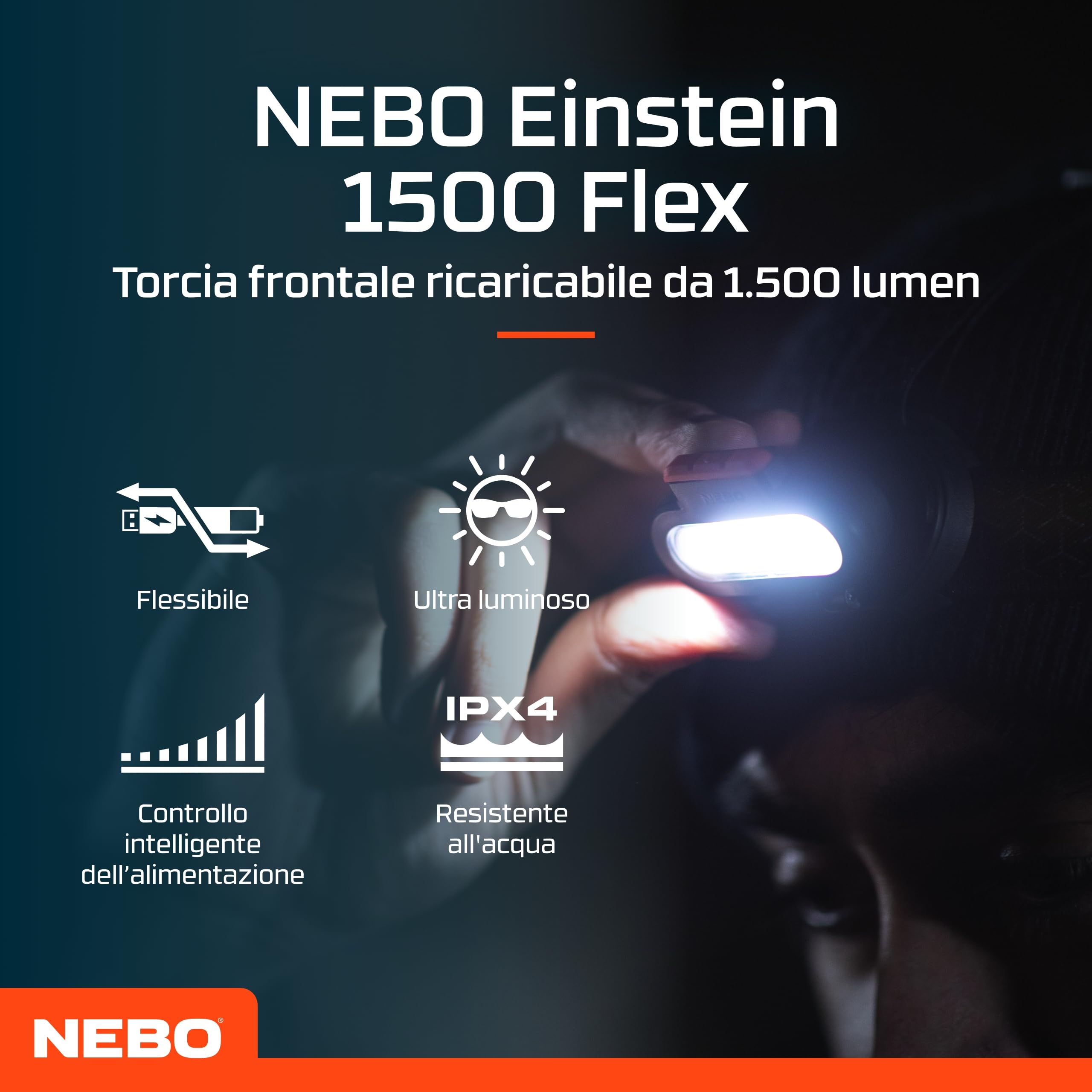 NEBO Einstein 1500 Flex - Lampada frontale ricaricabile con 5 modalità di illuminazione - Accessori per campeggio ed escursionismo - Torcia per corsa e sport all'aperto