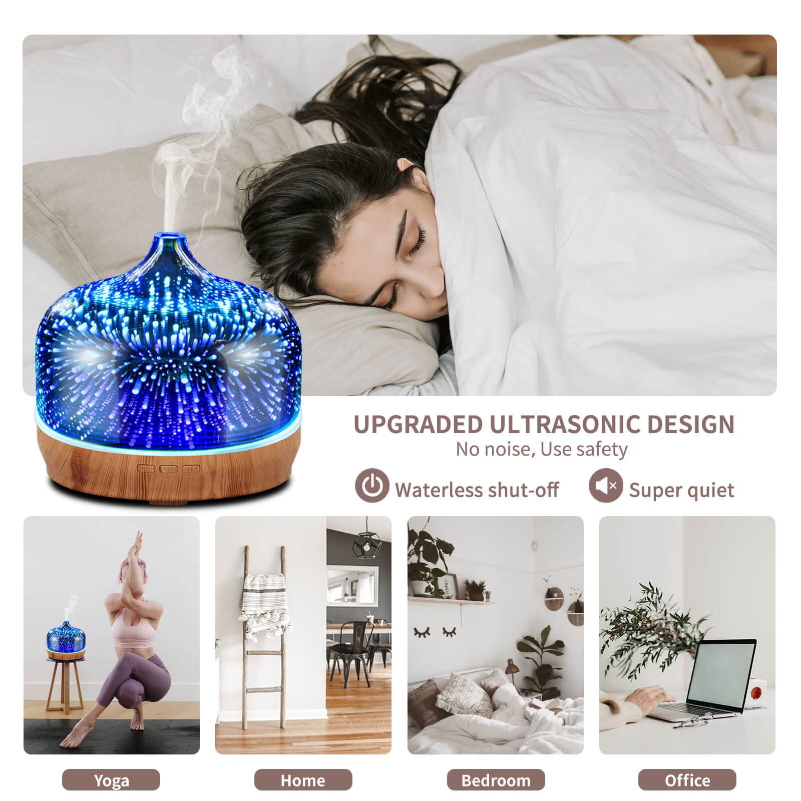 Porseme 500ml Essential Oil Diffuser 3D Glass Aromatherapy Ultrasonic Humidifier - Auto Shut-Off, Timer Setting, BPA Free for Home Hotel Yoga SPA Gift