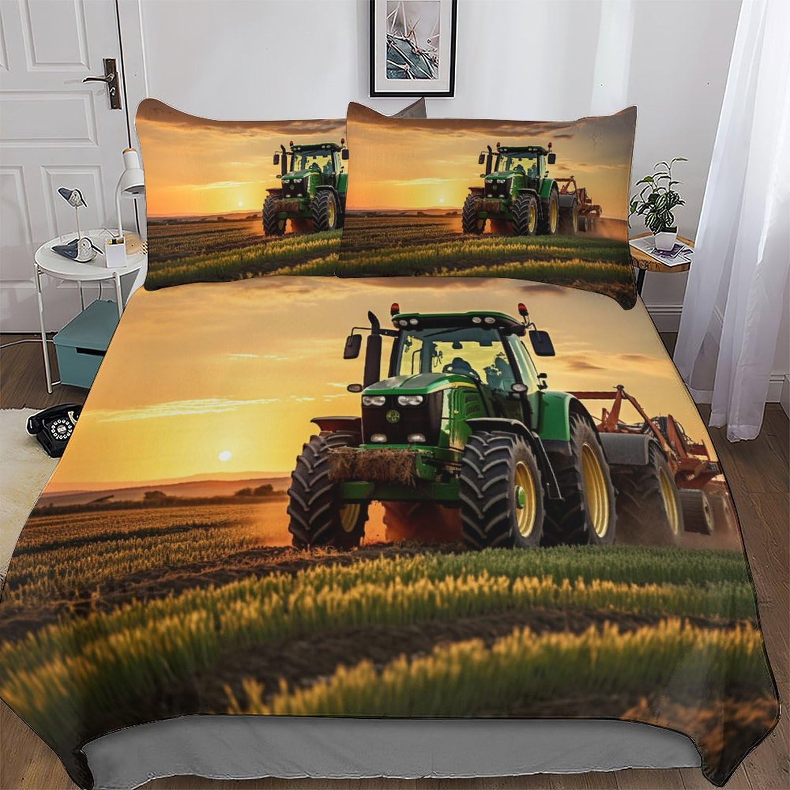 Tractor Duvet Cover Set with Pillowcases Printed Bedding Set with Zipper Closure Comforter Cover 2 Pieces Hypoallergenic Soft Microfiber Quilt Cover Single (135x200cm)
