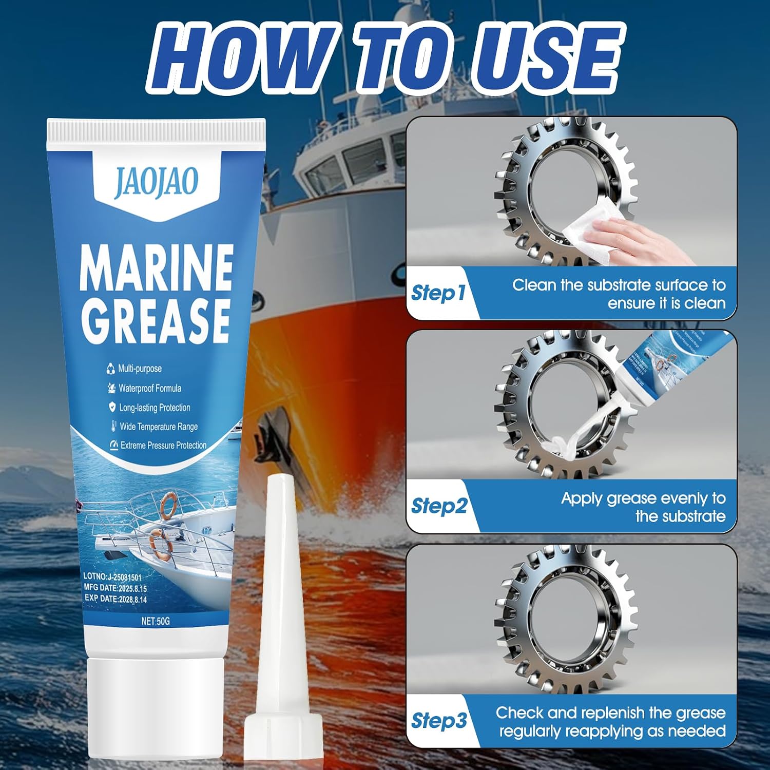 JAOJAO Marine Grease Tube, Waterproof High Temp Marine Grease, Marine-Grade and Extreme Pressure Protection, for Marine Wheel Bearing Grease, Steering Cables, Throttle and Shift Cables, 50g