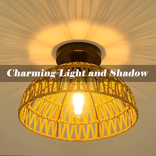 Miniatura 4 de Yolsunes 2 paquetes de lámparas de techo bohemias cesta de mimbre de ratán semiempotrada lámpara de techo tejida a mano candelabros bohemios para