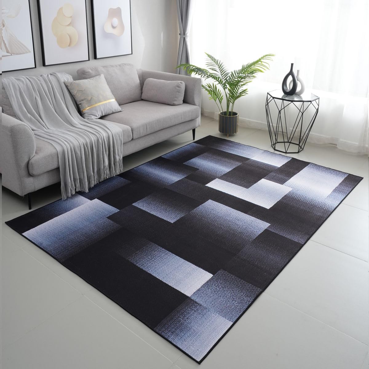 viceroy bedding Modern PRINT NON SLIP Rugs Living Room Carpet Mat For Bedroom Large Area Rug Hallway Kitchen Extra Large Size Low Pile Flat Weave (Pixel Black Grey, 80 x 150 cm)