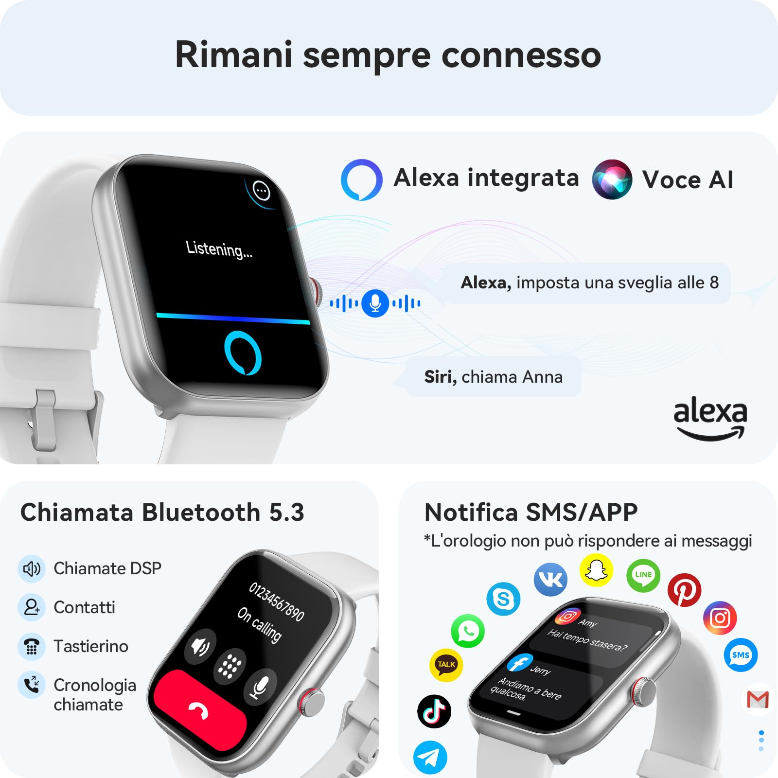 Smartwatch Uomo Donna, 1.91" Orologio Smartwatch con Chiamate Bluetooth e Alexa, Fitness Tracker con Contapassi, Cardiofrequenzimetro/Sonno/SpO2/110 Sportive, IP68 Smart Watch per Android iOS Bianco