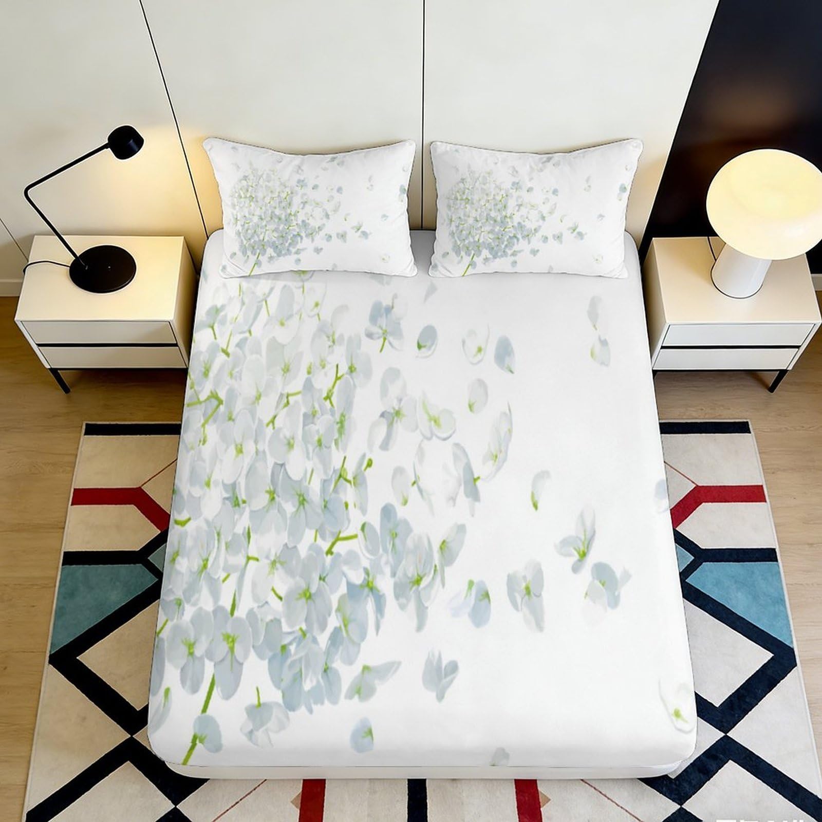 3D Printed White Hydrangea Fitted Sheet Microfiber Soft Floral Petals Mattress Cover for Bedroom Guest Room Washable 160x200x25cm