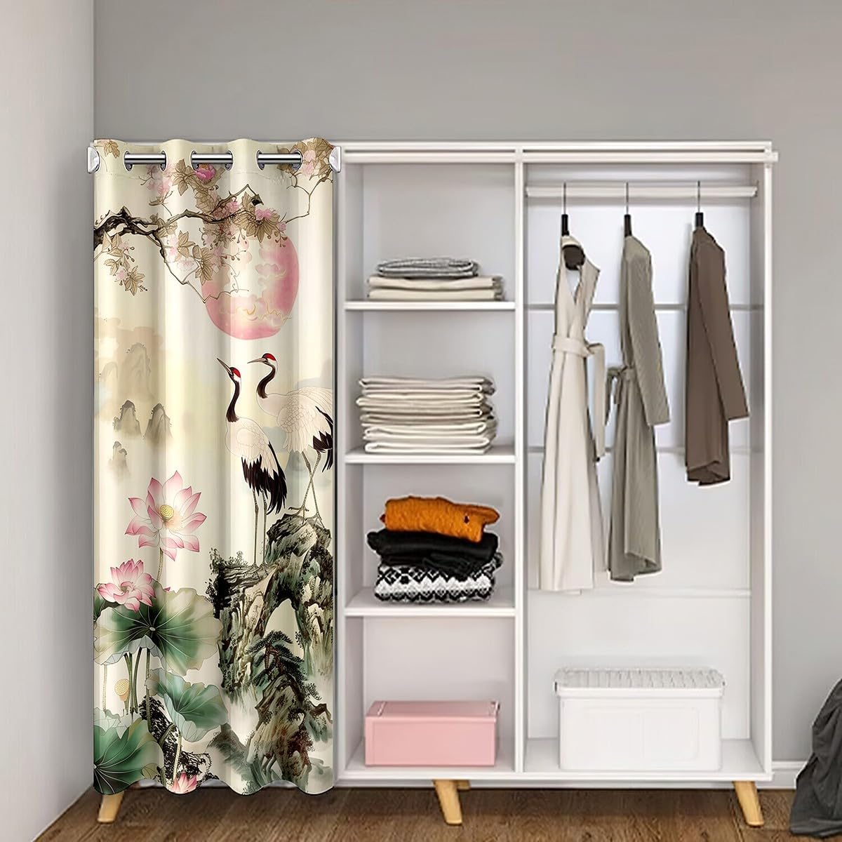 Red Crowned Crane Door Curtain Watercolor Lotus Floral Darkening Blackout Doorway Curtain Chinese Painting Style Closet Curtain Natural Scenery Drape for Bedroom Privacy 1 Panel 42" W X 80" L