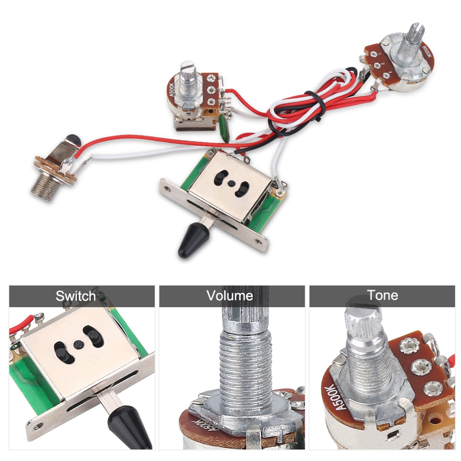 Alomejor Zestaw okablowania gitarowego dla gitary elektrycznej, metaliczny, przedprzewód, 500K, 3-drożny przełącznik push-pull, zestaw okablowania dla gitary elektrycznej