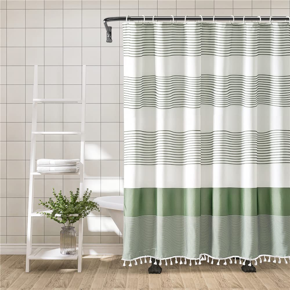 Rideau de douche boho 180x180 cm à rayures vertes et blanches
