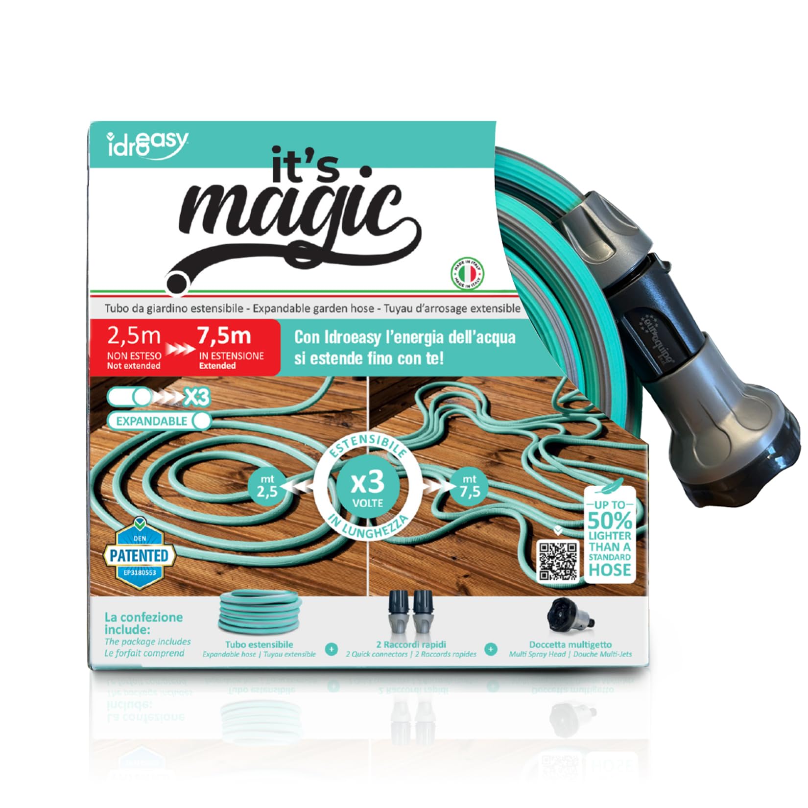 Idroeasy 7.5m Expandable Garden Hose, 1/2 inch, 6-Function Shower Head, Fittings, Anti-Twist, Model 2710, Made in Italy