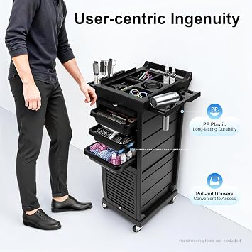 Salon Trolley | Salon T-Rolley Cart with Wheels | Hair C-Art Organizer for Extra Storage | Hairdresser Storage Station Hairstylist Trolley | Beauty Cart | Tattoo Tray cart | 6 Drawers & Dryer Holder