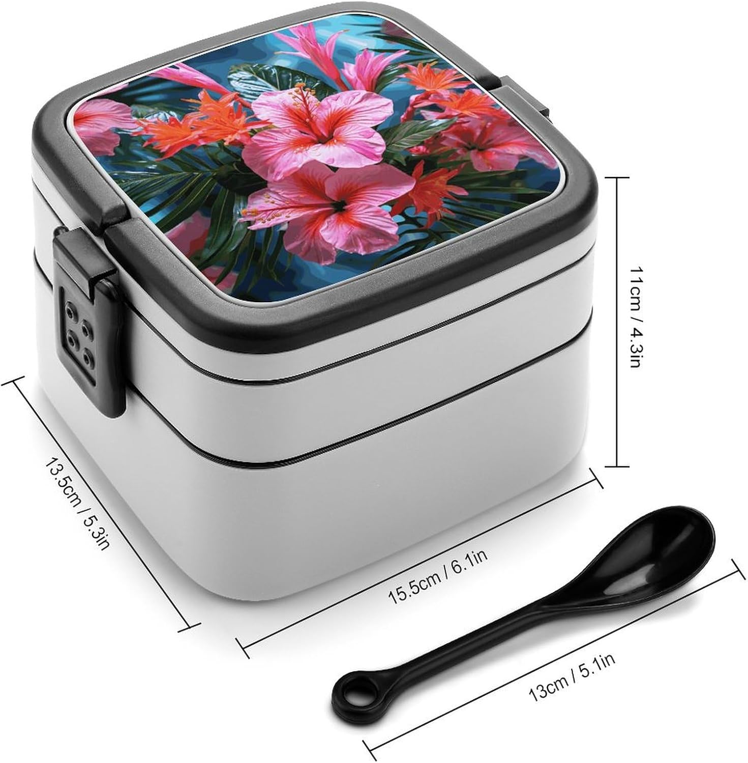 Bento Box with Spoon And Handle Pink Flower Tropical Plant Printed Stackable Bento Box Portable Bento Lunch Box Container for Work Camping And Travel