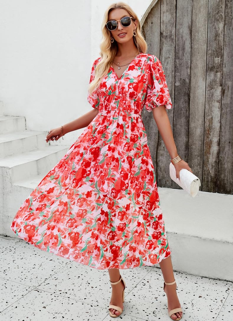 Spring Summer Floral Dresses for Women 2026 Chiffon Empire Waist Puff Sleeve Midi Beach Sundress Boho Vacation Outfits - Image 3