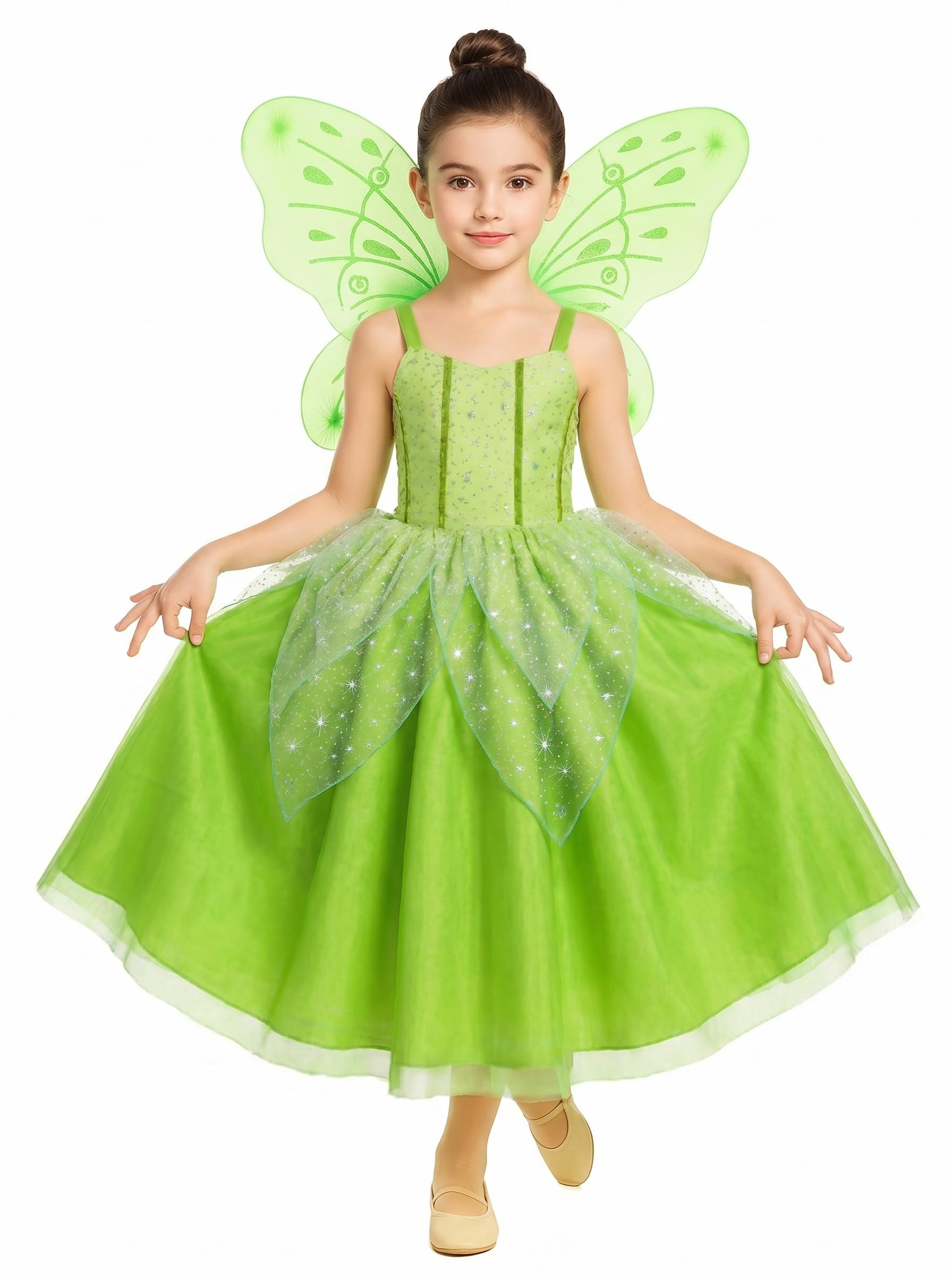 Girls Tinkerbell Costume Dress Up Fancy Fairy Princess Halloween Party Dress With Butterfly Wings