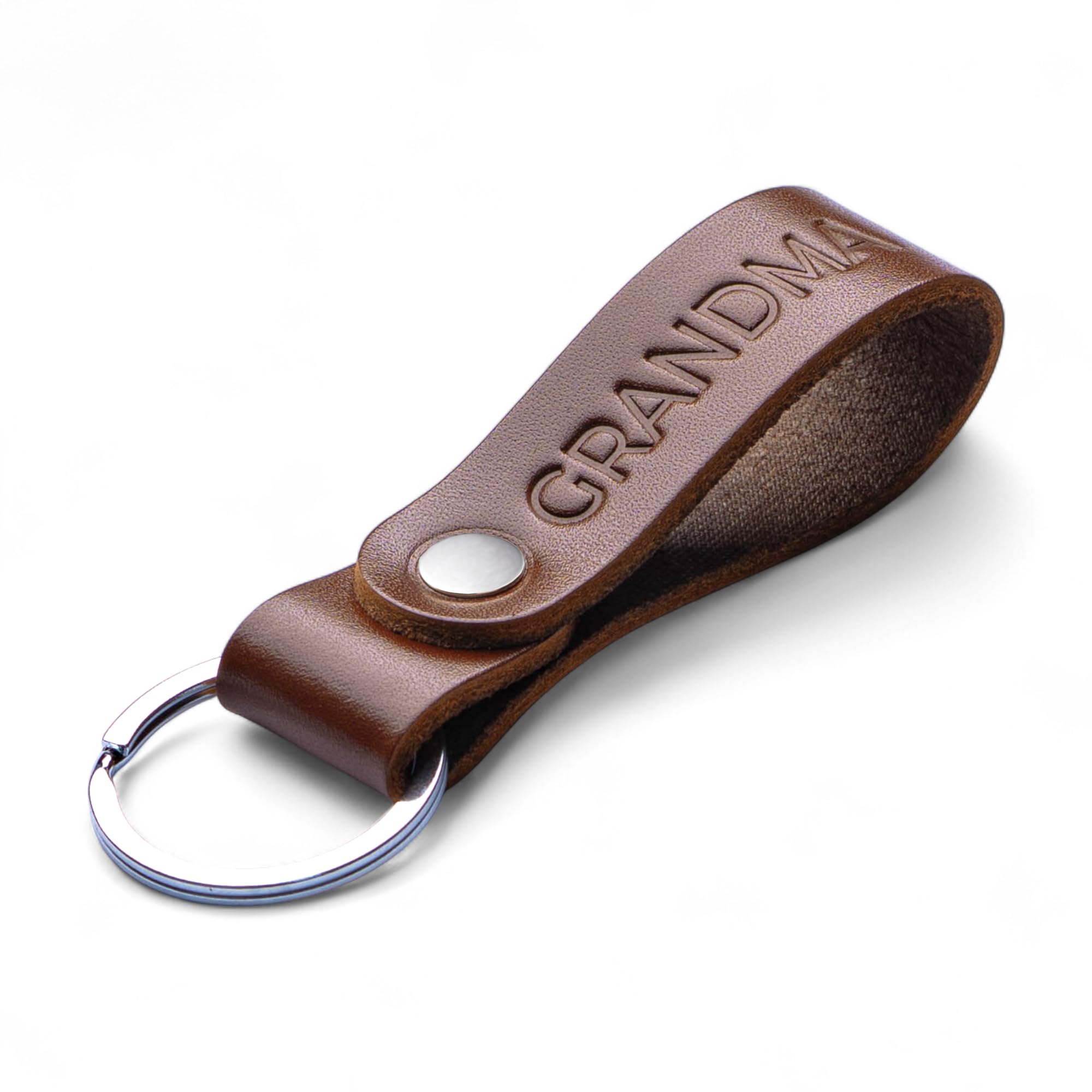 MAGOR Handmade Full Grain Leather Keyring Personalised Keychain for Men Women Car Keys Gift for Him Her Dad Husband Premium Hot Embossed Brown Leather Loop in Gift Box (GRANDMA)