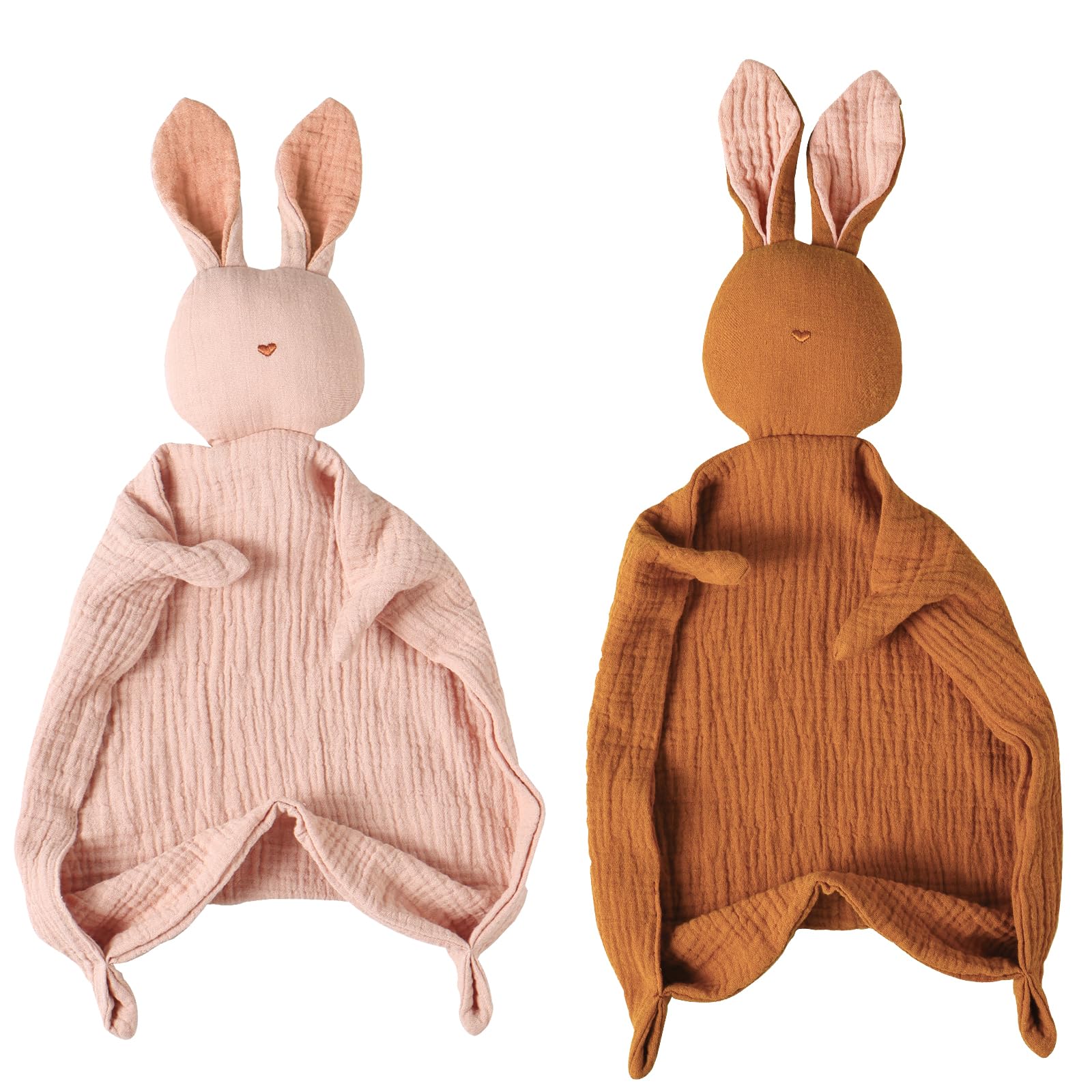 insular Bunny Lovey Blanket for Boys and Girls, Organic Cotton Muslin Security Blanket for Babies, Soft Breathable Lovie Soothing Towel for Newborn and Infant, Pink&amp;Caramel