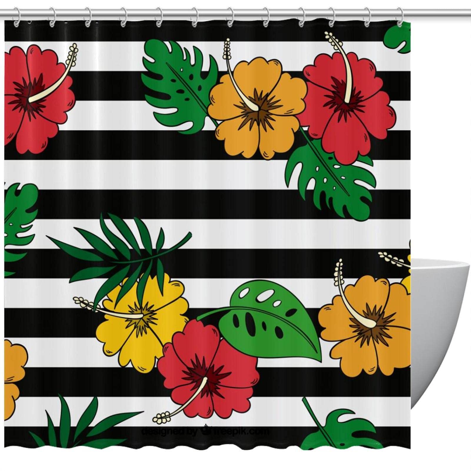 Rideau de douche motifs tropicaux noir et blanc 183x183 cm pour baignoire