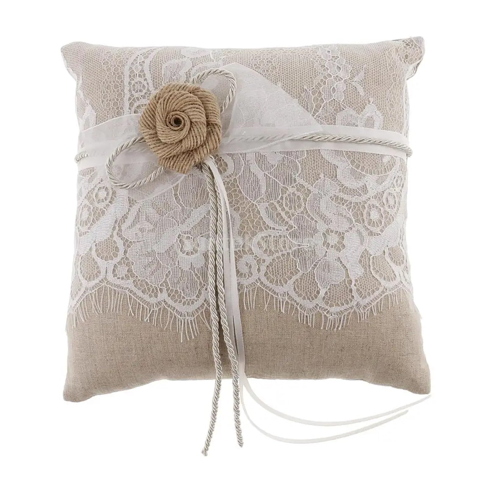MTKSFDC Ring Pillow Wedding Vintage Burlap Lace Ring Pillow Cushion Ring Bearer Wedding Party Supplies(Brown)