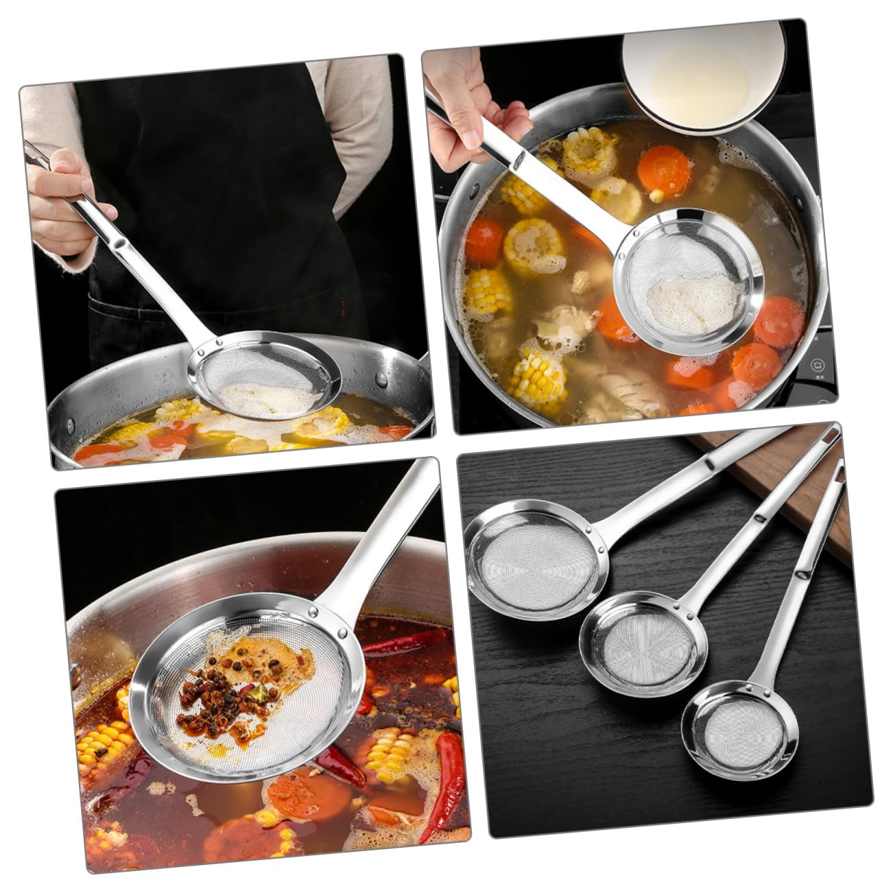 Generisch 3 Stück Teiliges Edelstahl feinsieb Lebensmittelechtem Langlebiger Küchensieb mit Langem Griff Rostfrei Multifunktional für Mehl Saft Gewürze Geeignet für Haushalt und Gastronomie