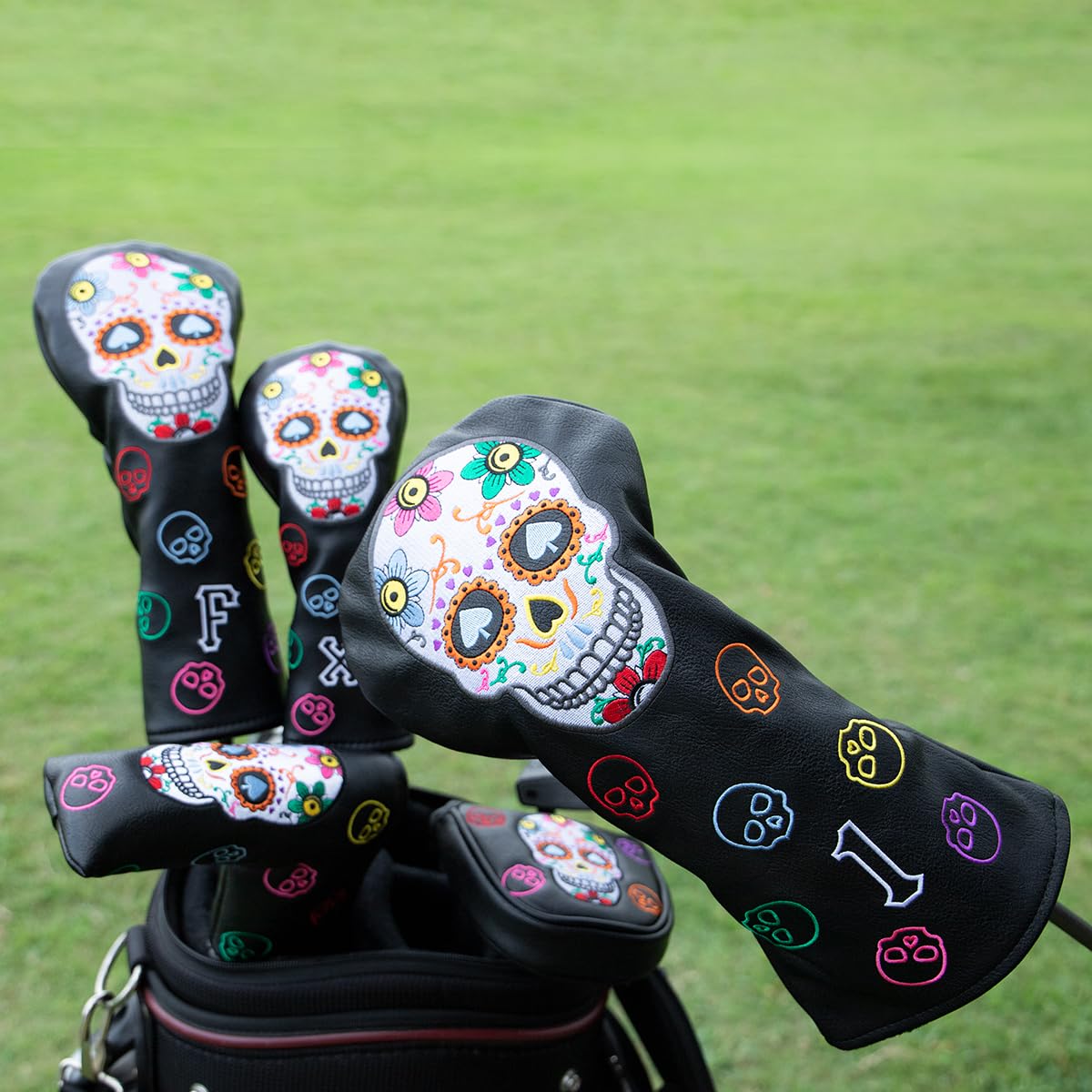 Montela Golf Schlägerabdeckungen, Bunte Skelett-Golf-Putterabdeckung, Fahrerabdeckung, Fairway-Holz-Schlägerhaube, Hybrid-Abdeckung, Lederklinge, Putter, Schläger für Scotty Cameron, Taylormade