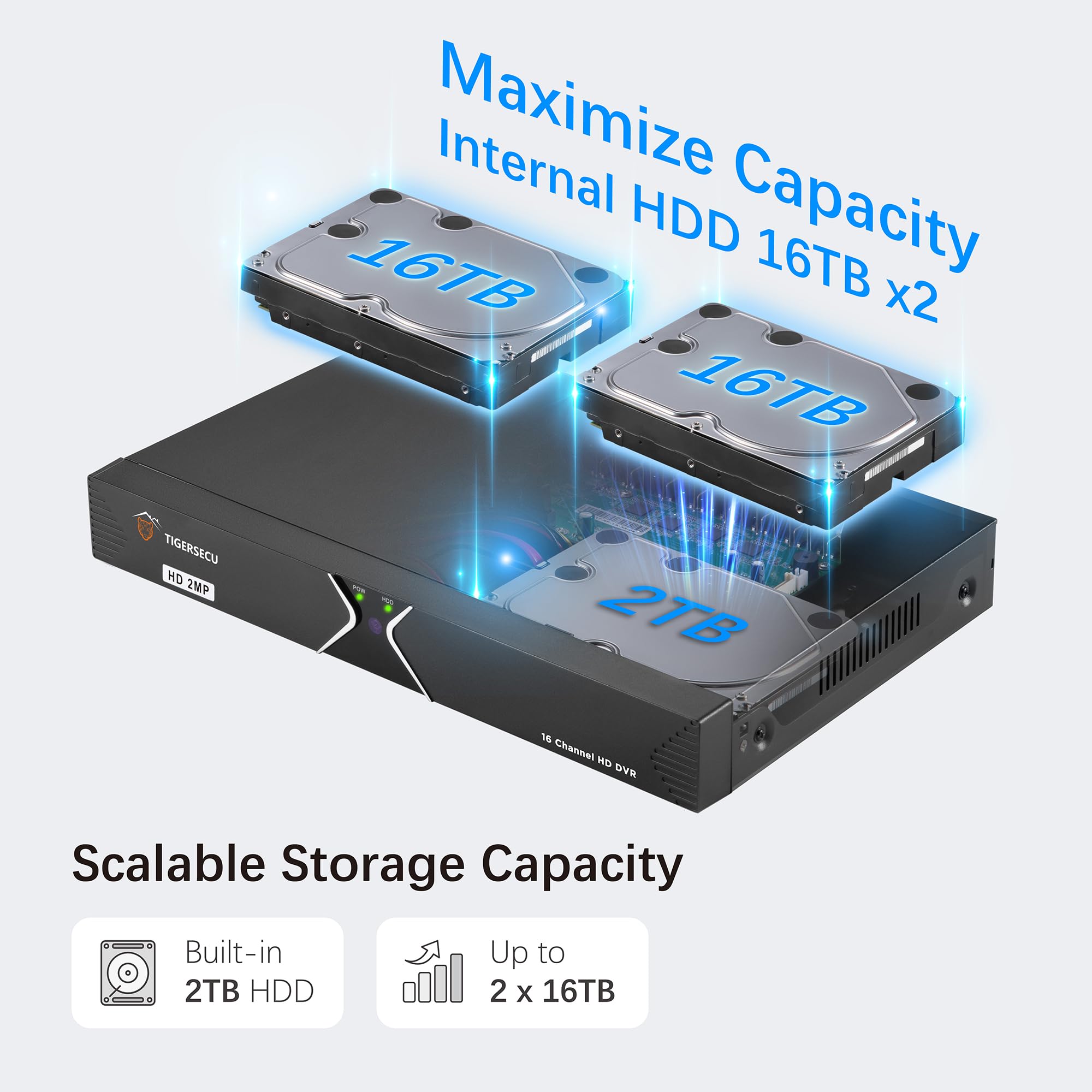 TIGERSECU Super HD 1080P 16-kanałowy rejestrator bezpieczeństwa DVR z napędem twardym 2TB, hybrydowy nagrywarka CCTV 6 w 1 kompatybilny z kamerami 2MP i 5MP TVI, AHD, CVI, analogowym, RS485 PTZ i IP