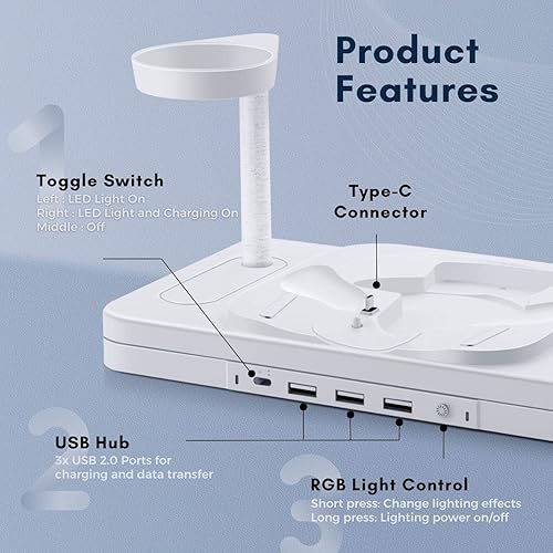 Miniatura 4 de TNP Base de carga para Oculus Quest 2 Estación de carga de auriculares y controlador de realidad virtual con luz RGB y 3 puertos USB 2.0 Cable