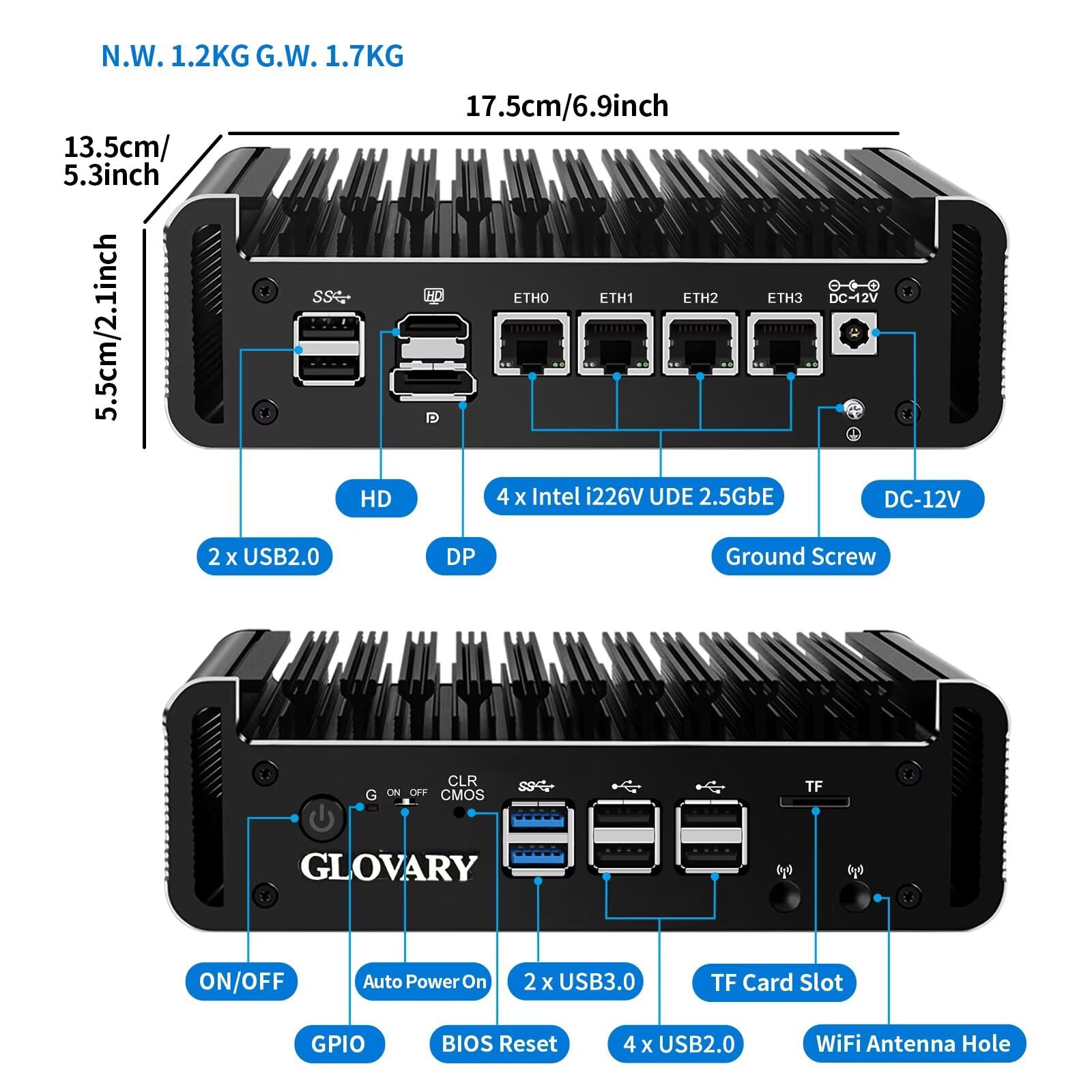 MNBOXCONET Mini PC N355 Firewall 2x10GbE SFP , Micro Appliance Computer Office, Barebone NO RAM NO SSD, 2xi226V 2.5GbE LAN, Type-C, TF, HD, Support Windows OPNsense, SPK/MIC - View #10