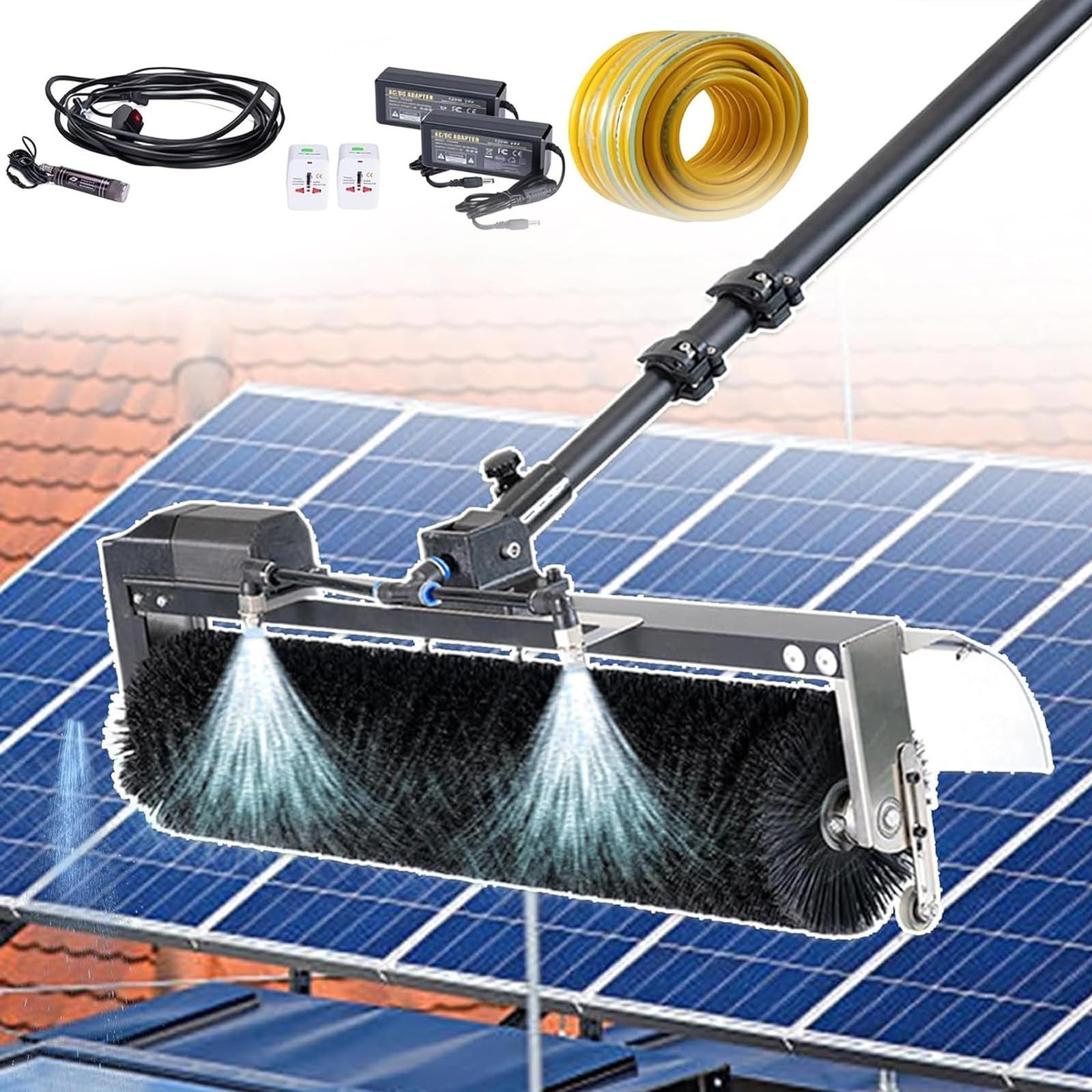 RUODATONLY 3.5/5.5/7.5M Solar Panel Cleaning Roller Brush with Aluminum Alloy Telescopic Rod Handheld Rooftop Solar Panel Cleaner, 60cm Roller Brush, 10mWater 5.5m/18ft