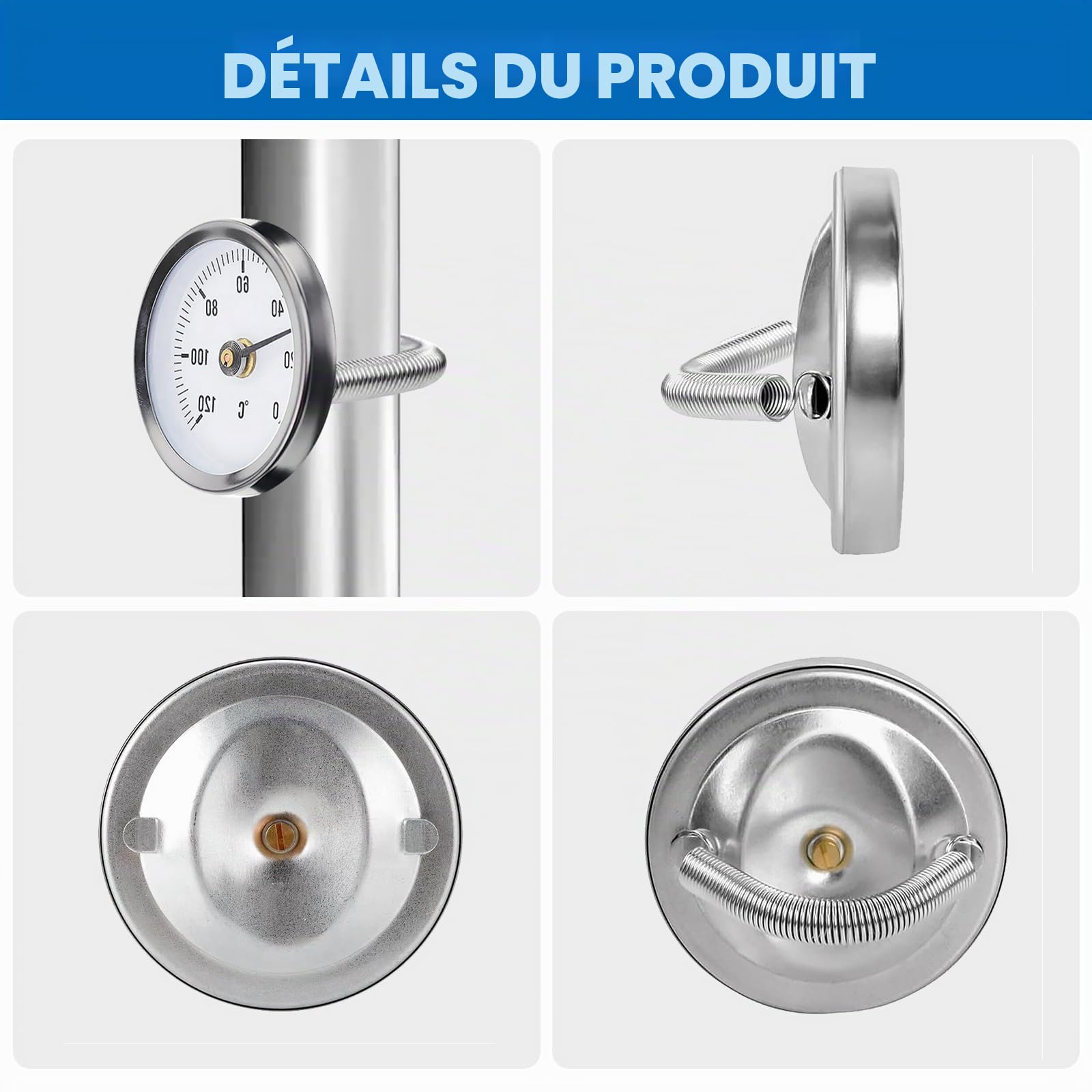 Thermomètre Industriel Pour Tuyauterie, 5 Pièces Température Bimétallique étanche à La Poussière De 63 mm, Thermomètre à Ressort, Thermomètre 0-120° Avec Ressort Clip Pour 20 mm à 60 mm