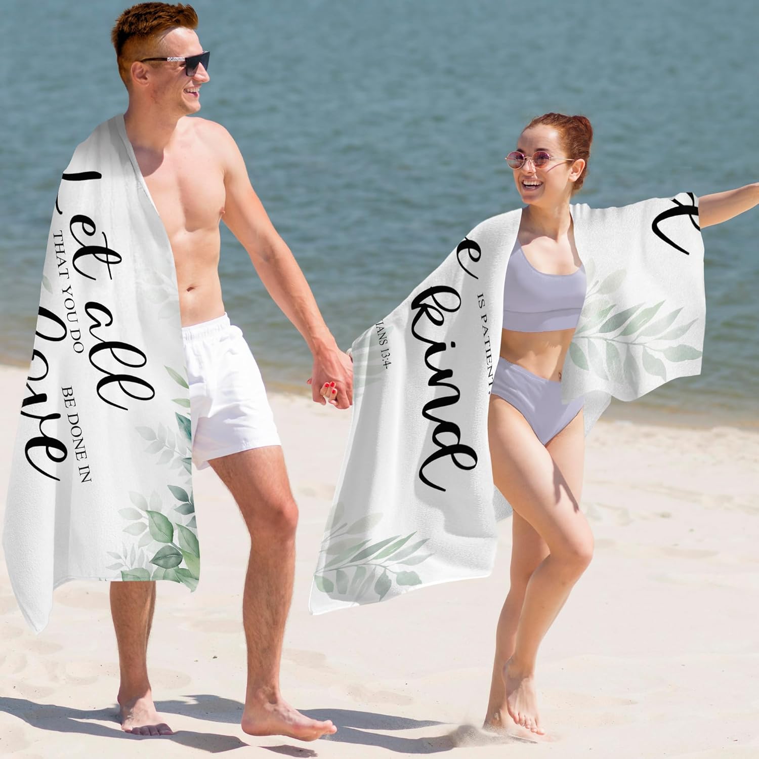 Couple Christian Let All That You Do Be Done in Love Beach Towel Set of 2, Honeymoon Wedding Beach Towels Valentines Day Gifts for Bride Groom, Rustic Beach Towels Decor for Bathroom 30x60in - Image 2