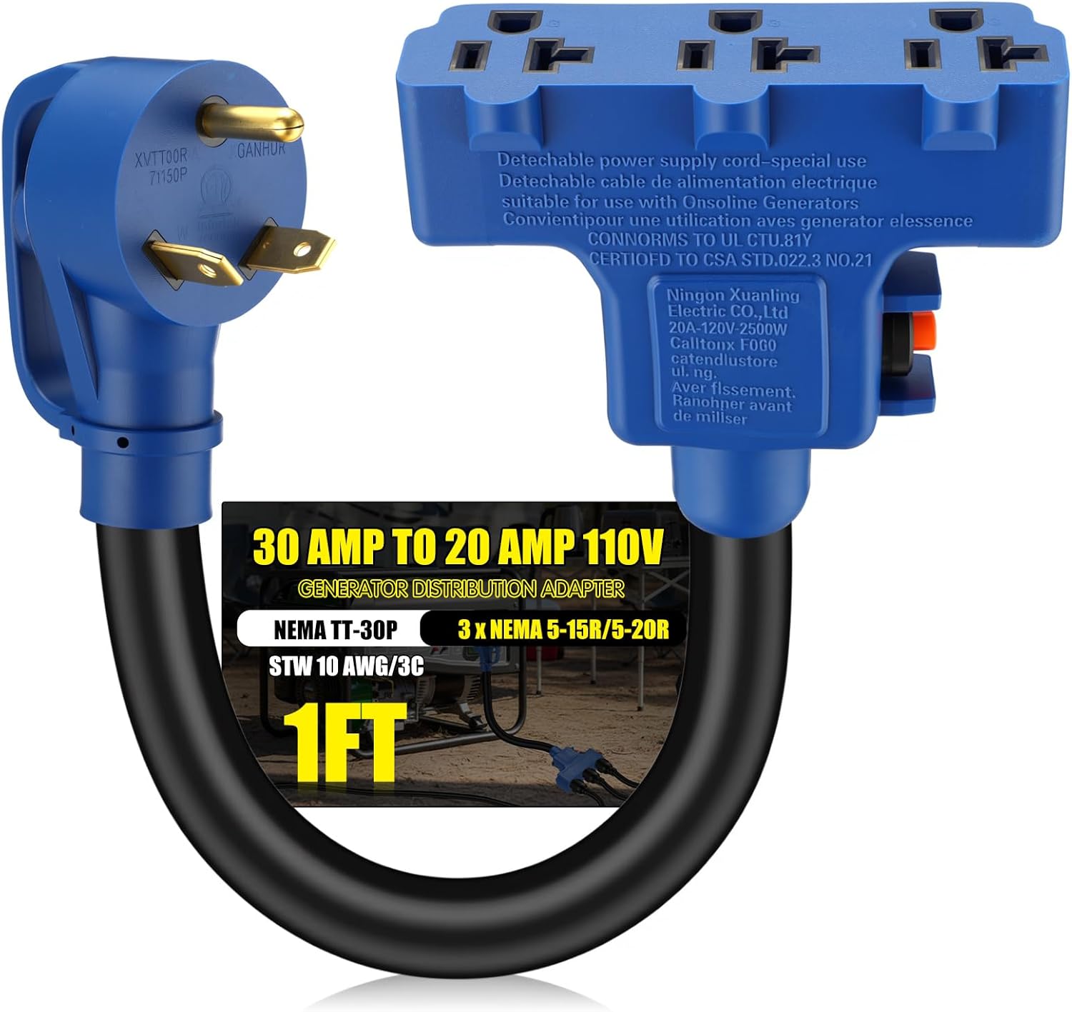 Kanayu Overload Protector 50 Amp to 110V RV Generator Distribution Adapter Cord Compatible with NEMA 14-50P to 3X 5-15R/5-20R, 50A to 15/20A, Built-in Circuit Breaker, STW 10AWG/3C, ETL Listed, 1FT