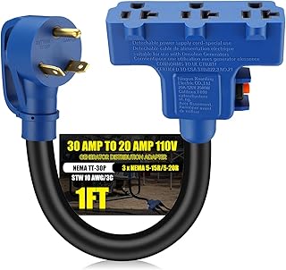 Kanayu Overload Protector 30 Amp to 110V RV Generator Distribution Adapter Cord Compatible with NEMA TT-30P to 3X 5-15R/5-20R, 30A to 15/20A, Built-in Circuit Breaker, STW 10AWG/3C, ETL Listed, 1FT