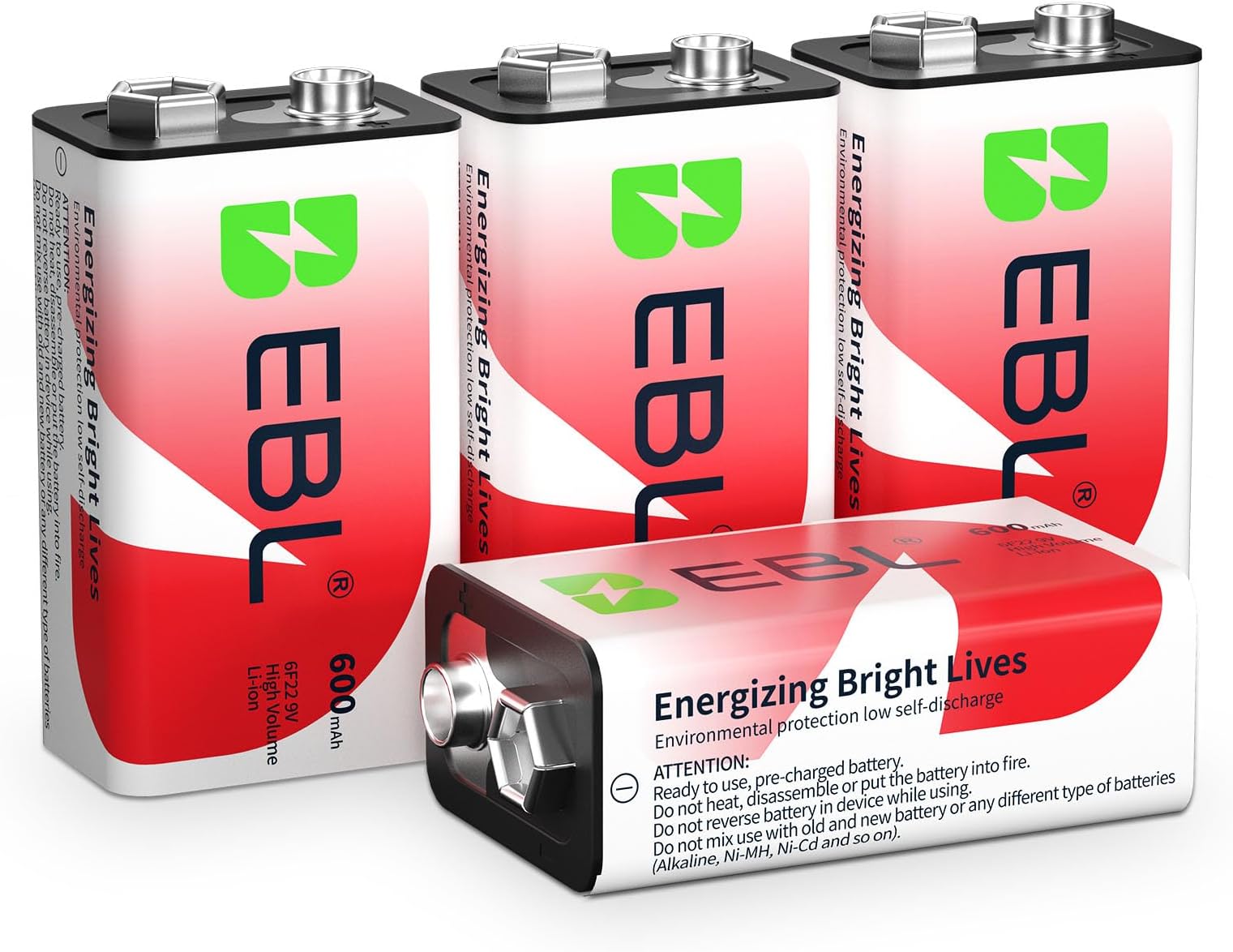 EBL 9V Rechargeable Batteries 9 Volt Lithium ion 600mAh Li-ion Batteries (4-Packs)