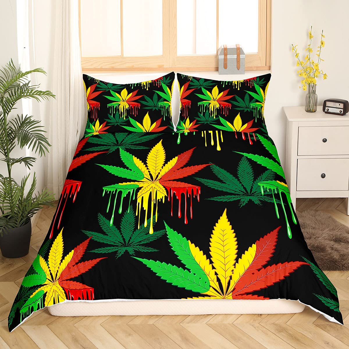Loussiesd Marijuana Weed Leaf Duvet Cover Cannabis Leaves Bedding Set Colorful Marijuana Leaf Comforter Cover for Men Adults Bedroom Decor Bright Leaves Bedspread Cover With 1 Pillow Case Single