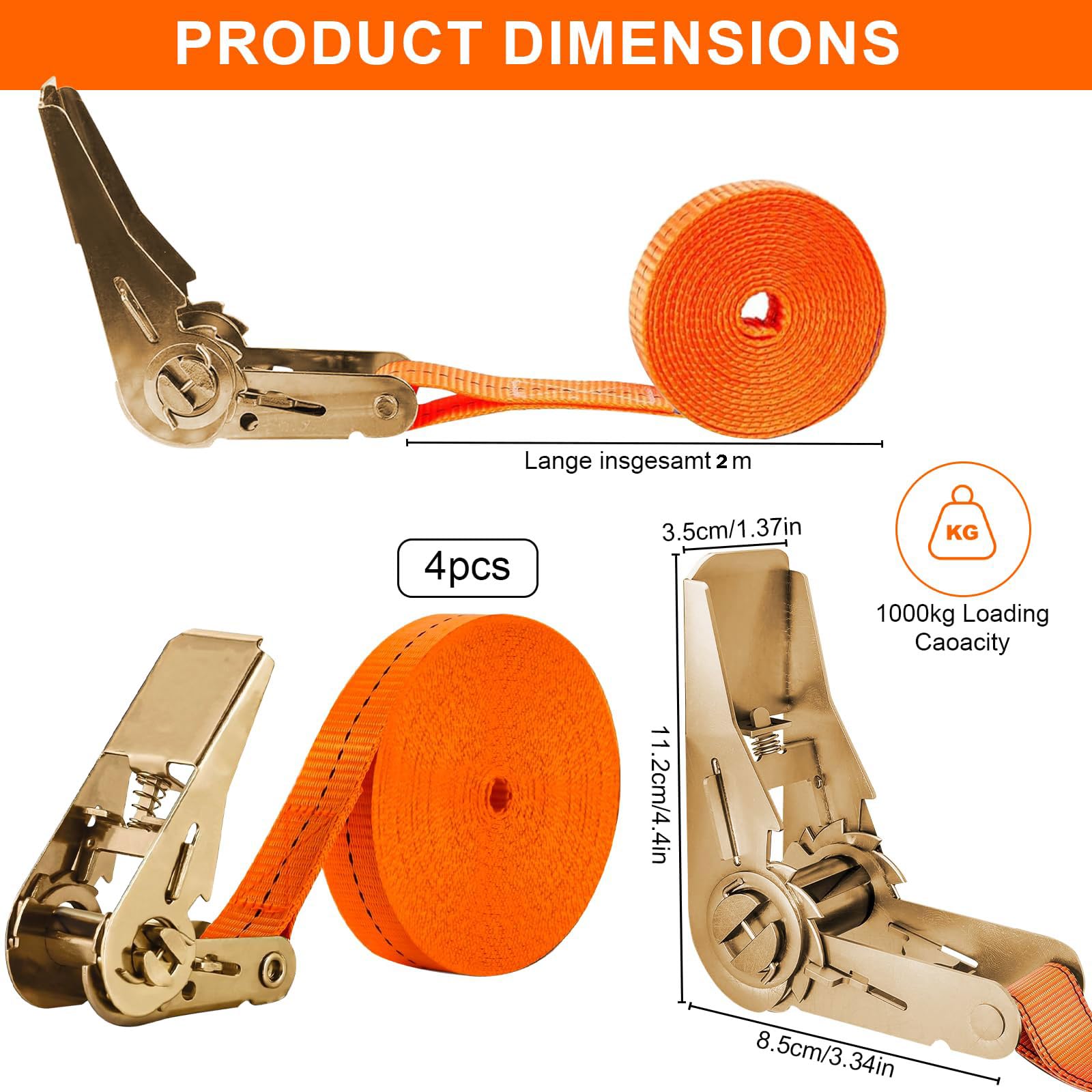 4 Pezzi Cinghie a Cricchetto 2.5CM Cinghie di Fissaggio Fasce a Cricchetto Cinghie di Ancoraggio Arancione Tensione con Cricchetto, 1000 kg Fissaggio Cinghia a Cricchetto Ratchet (2M)