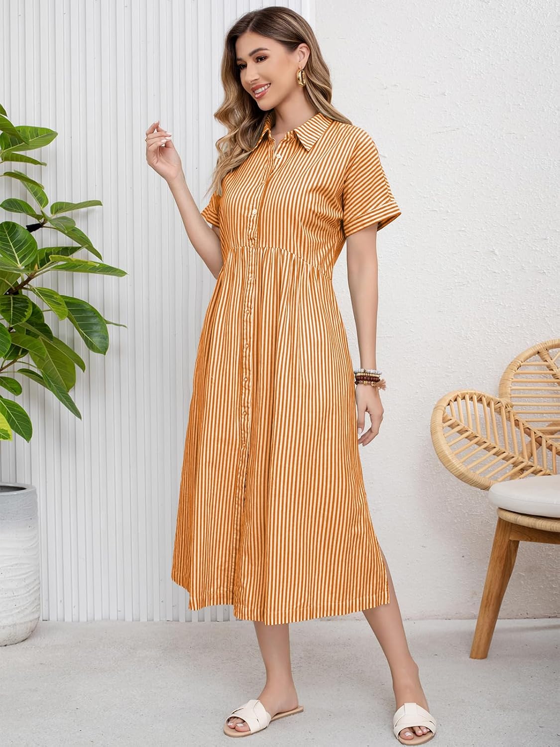 ebossy Women's Boho Striped Shirt Dress Button Up Side Slit Loose Mid Long Cotton Dress with Pockets - Image 4