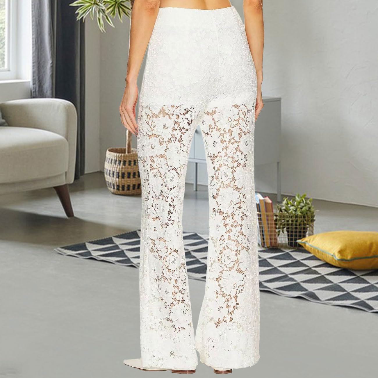 Donna Y2K Pantaloni Trasparenti Ricamati con Vita Alta e Gamba Dritta Elastico in Vita Pantaloni Mesh Street Rave per Discoteca, Clubbing, Festa, Bianco, L