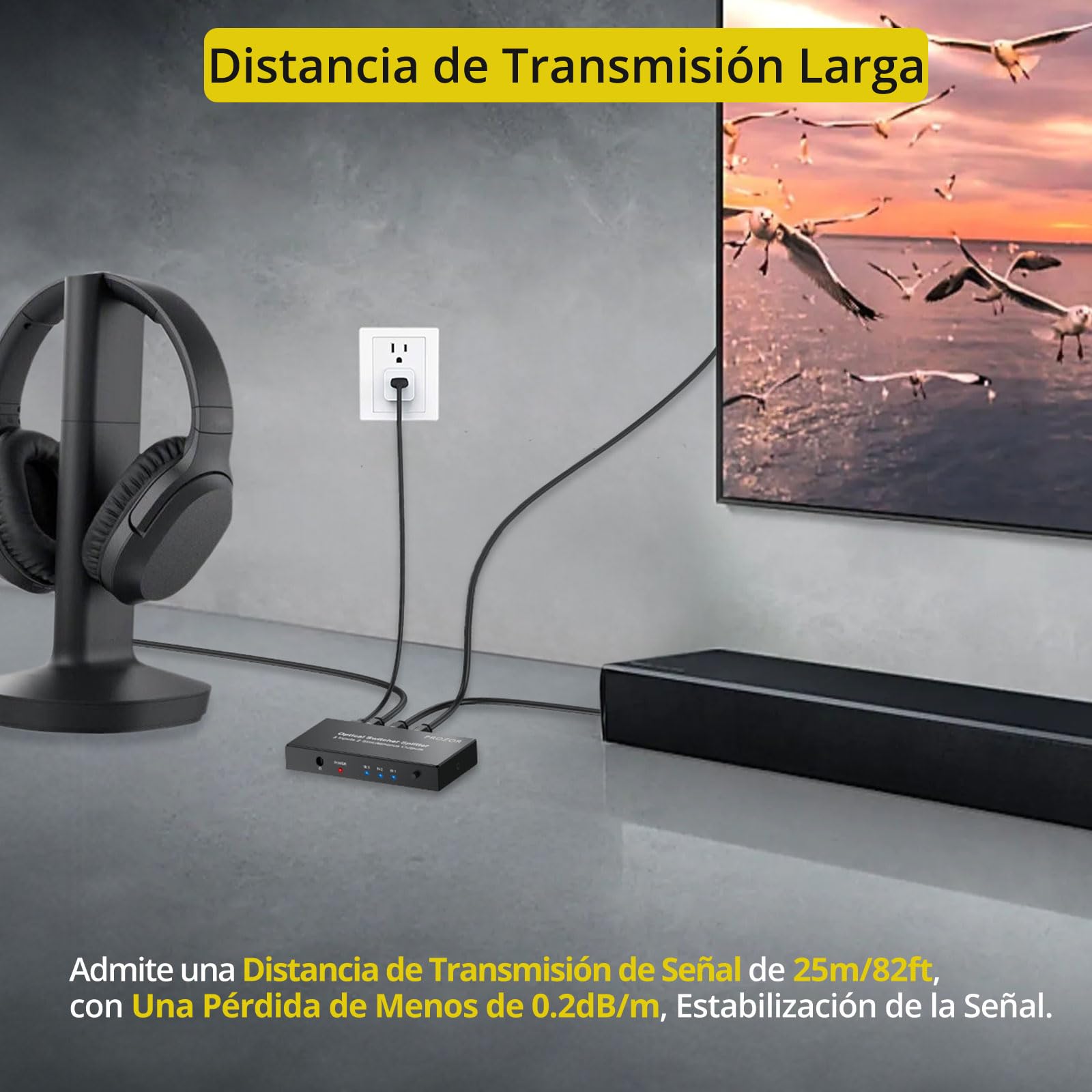 PROZOR Divisor Óptico 3 Entradas 2 Salidas SPDIF Toslink, Conmutador Splitter con Control Remoto IR Divisor de Audio Aleación de Aluminio Compatible con LPCM2.0 DTS Dolby-AC3 para Soundbar Blu-Ray PS4