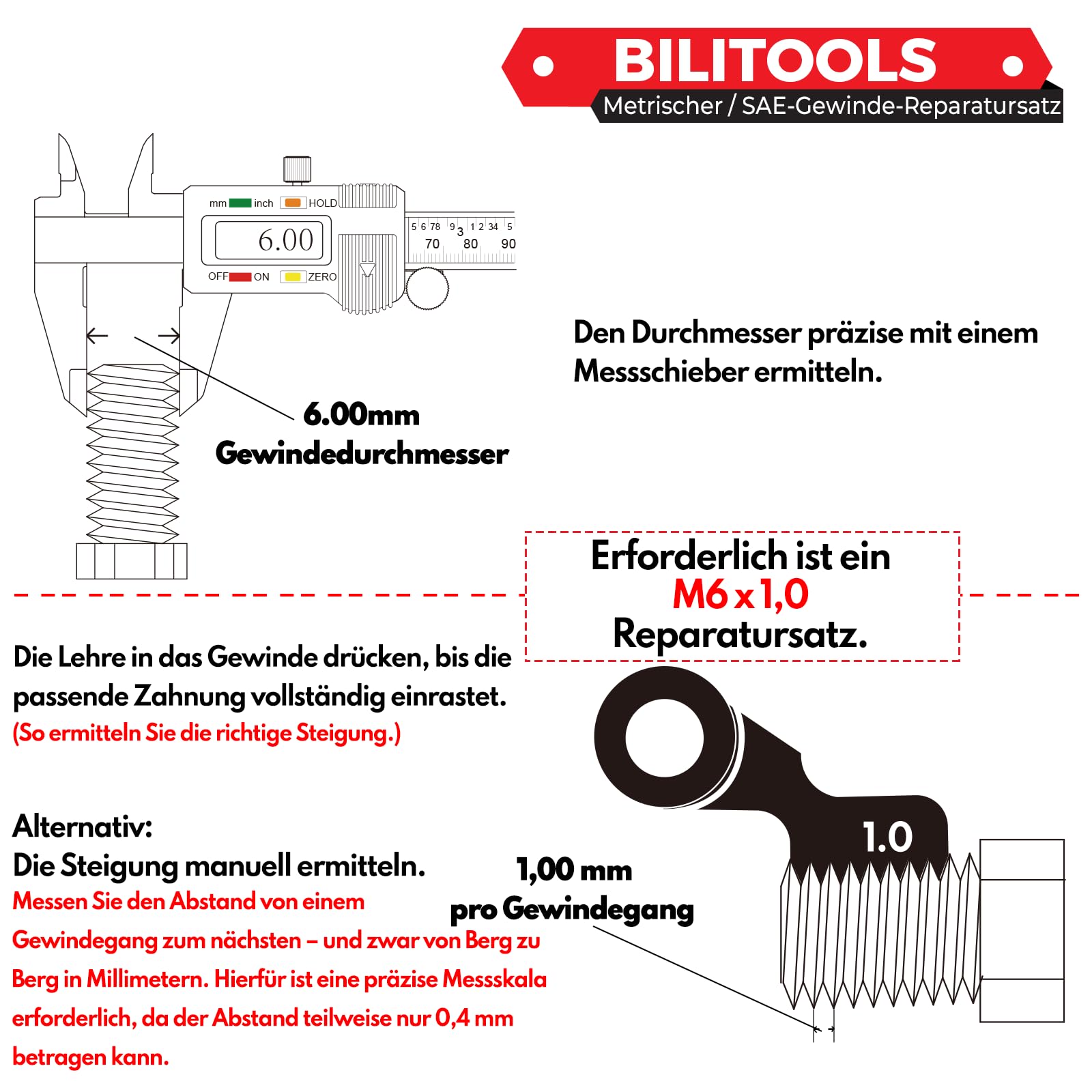 BILITOOLS M8x1,25 Gewindereparatursatz | Helicoil Edelstahl Gewindeeinsätze mit HSS Bohrer & Einbauwerkzeug