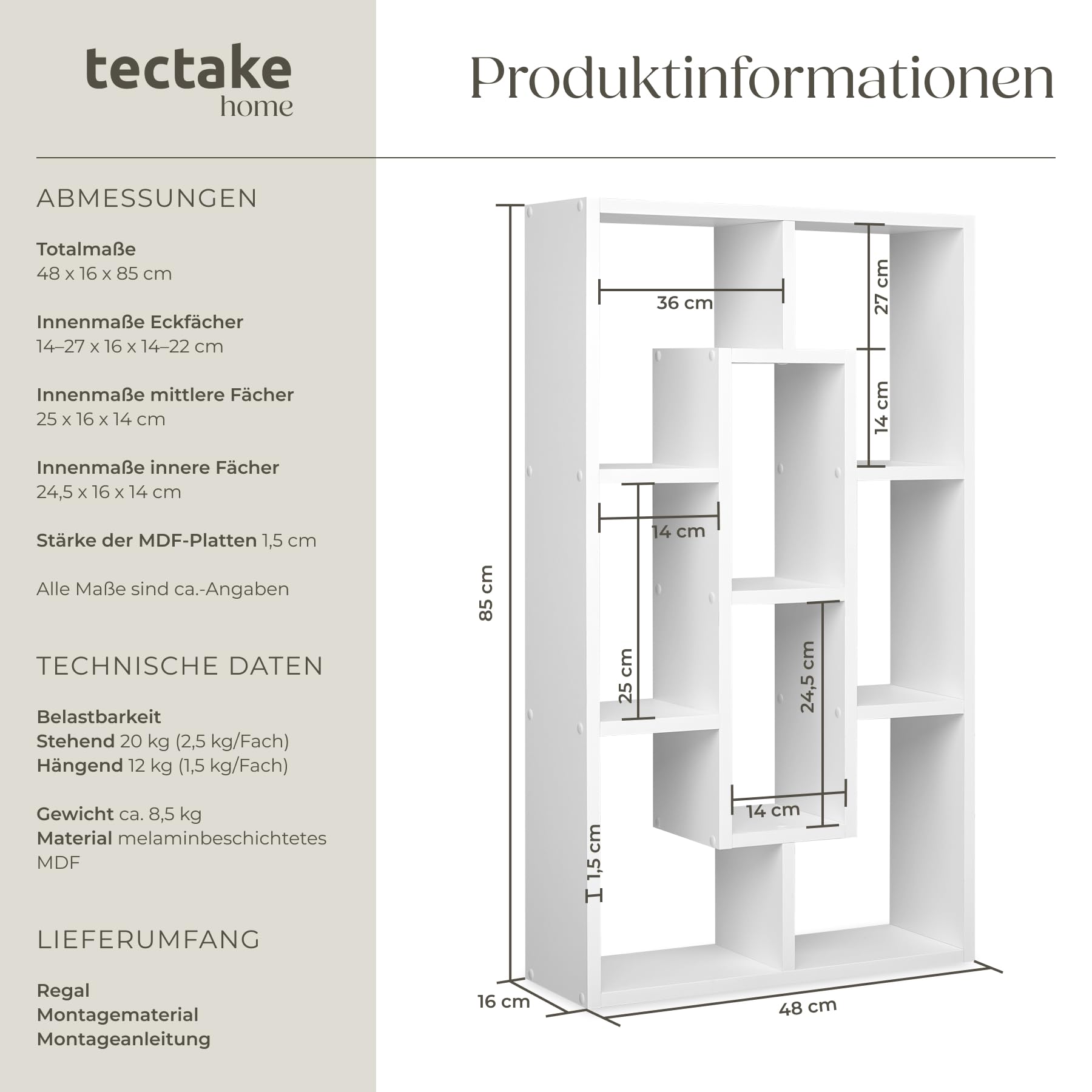 tectake® Wandregal mit 8 Fächern, Hängeregal 85 x 16 x 48 cm, Bücherregal Wand, Wanddeko Wohnzimmer Möbel, Schlafzimmer Deko, Schweberegal, Flur Möbel, Wandregal Kinderzimmer - weiß