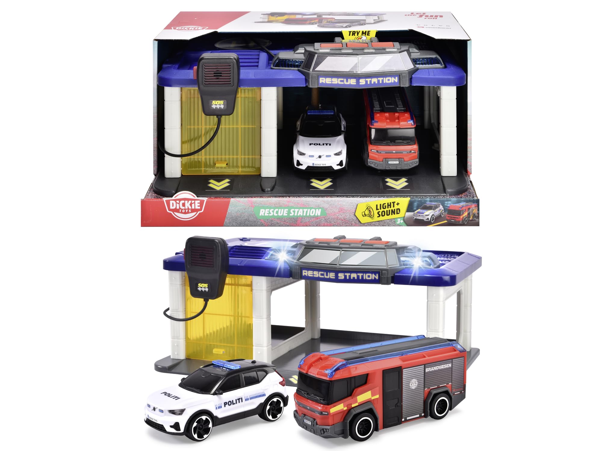 Dickie Toys 203716026018 - Danish Rescue Station with Police Car and Fire Engine - Rescue Station with Light, Sound, Including Danish Police Car and Brandbi, 31 x 22 x 16 cm, from 3 Years